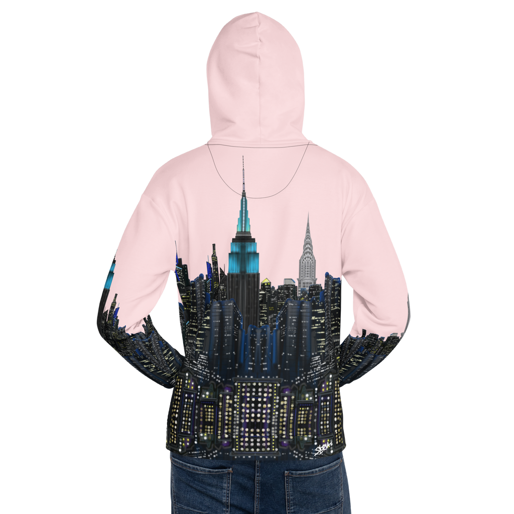Pink hoodie with a cityscape Loria NYC Art design on the back, worn by a person.