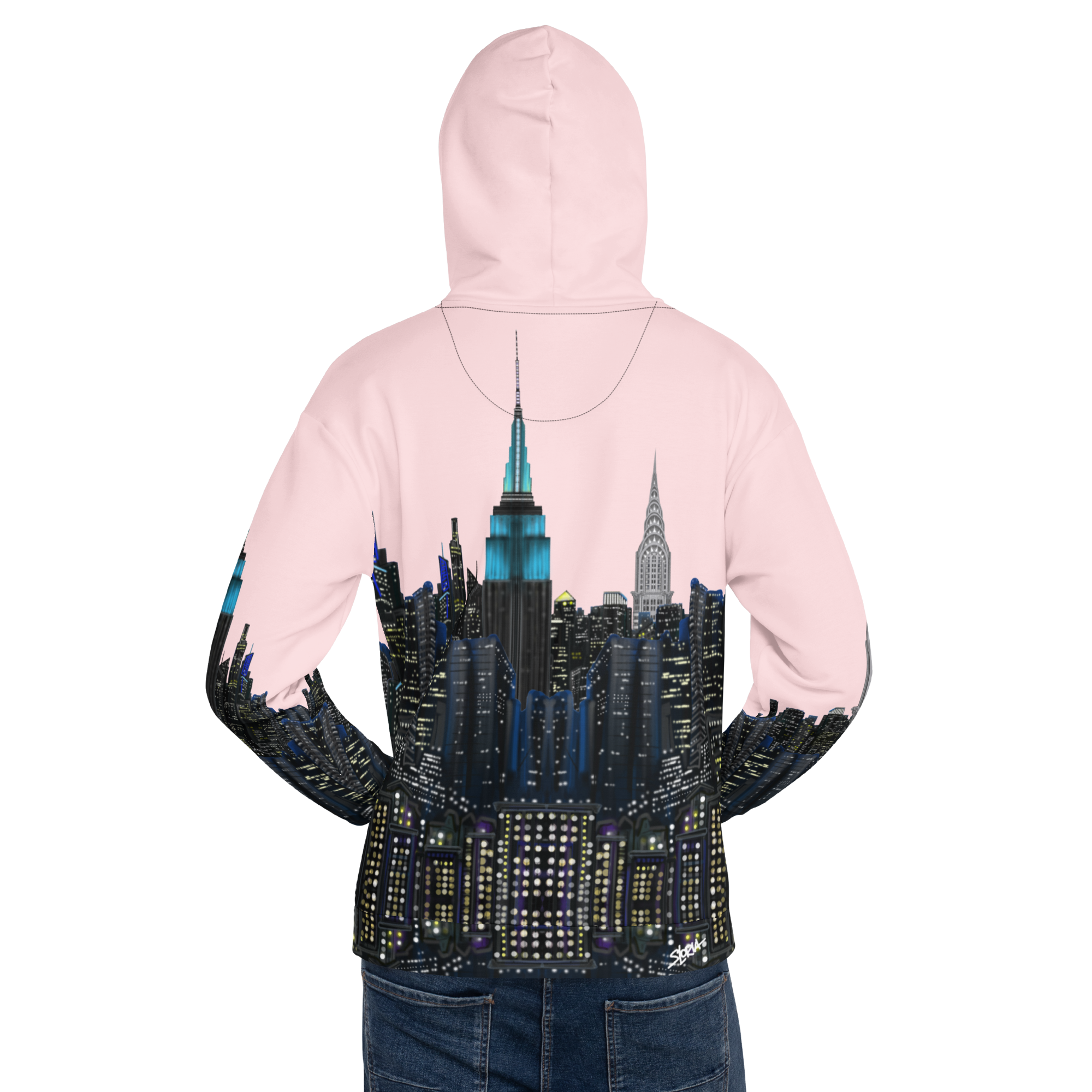Pink hoodie with a cityscape Loria NYC Art design on the back, worn by a person.