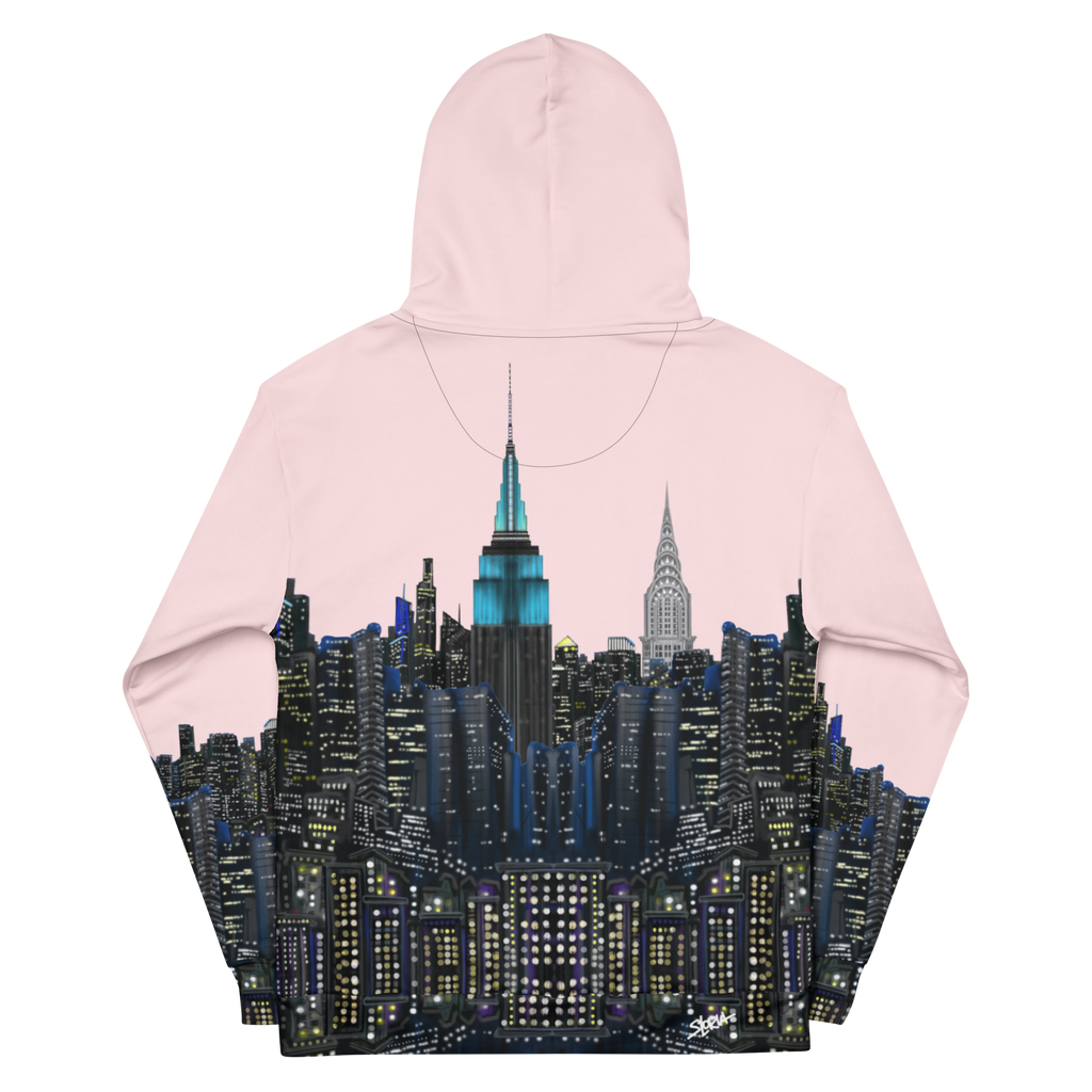 Pink hoodie with a cityscape Loria NYC Art design on the back against a white background