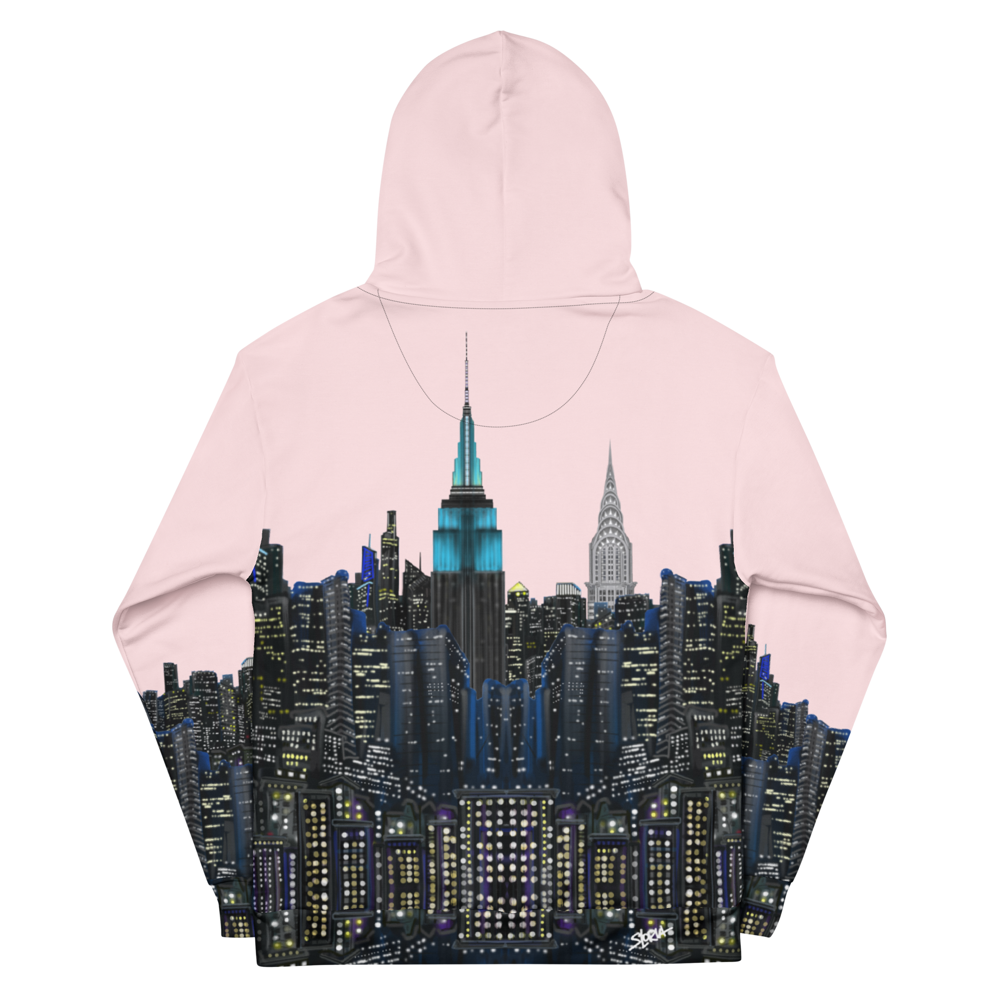 Pink hoodie with a cityscape Loria NYC Art design on the back against a white background