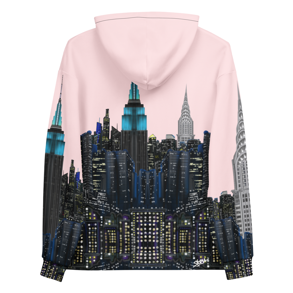 Back of Pink hoodie with a cityscape Loria NYC Art design on the back