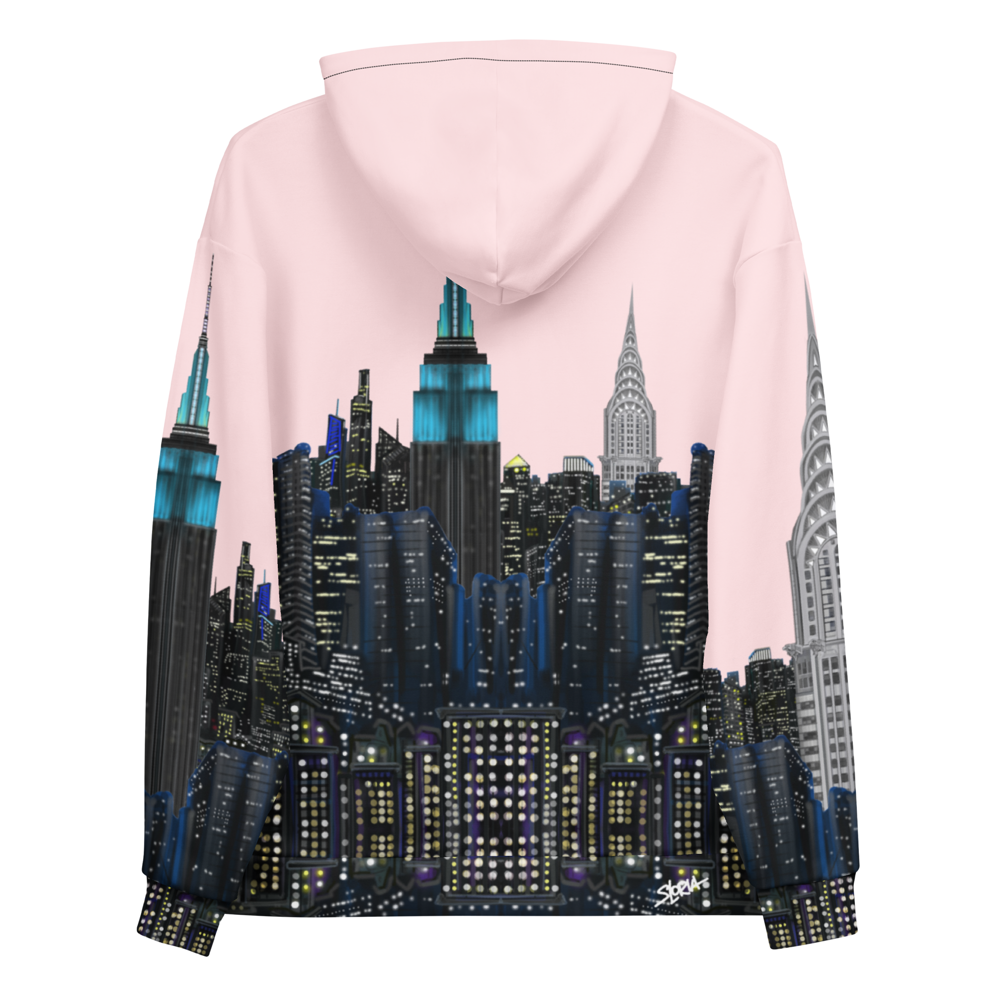 Back of Pink hoodie with a cityscape Loria NYC Art design on the back