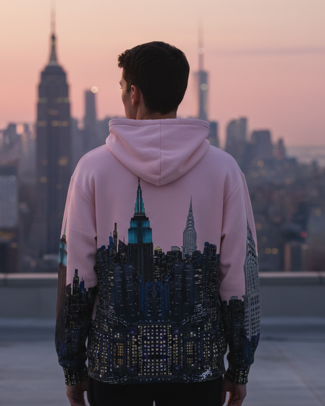 Person wearing a hoodie with a cityscape Loria NYC Art design, standing on a rooftop with a city skyline in the background during sunset.