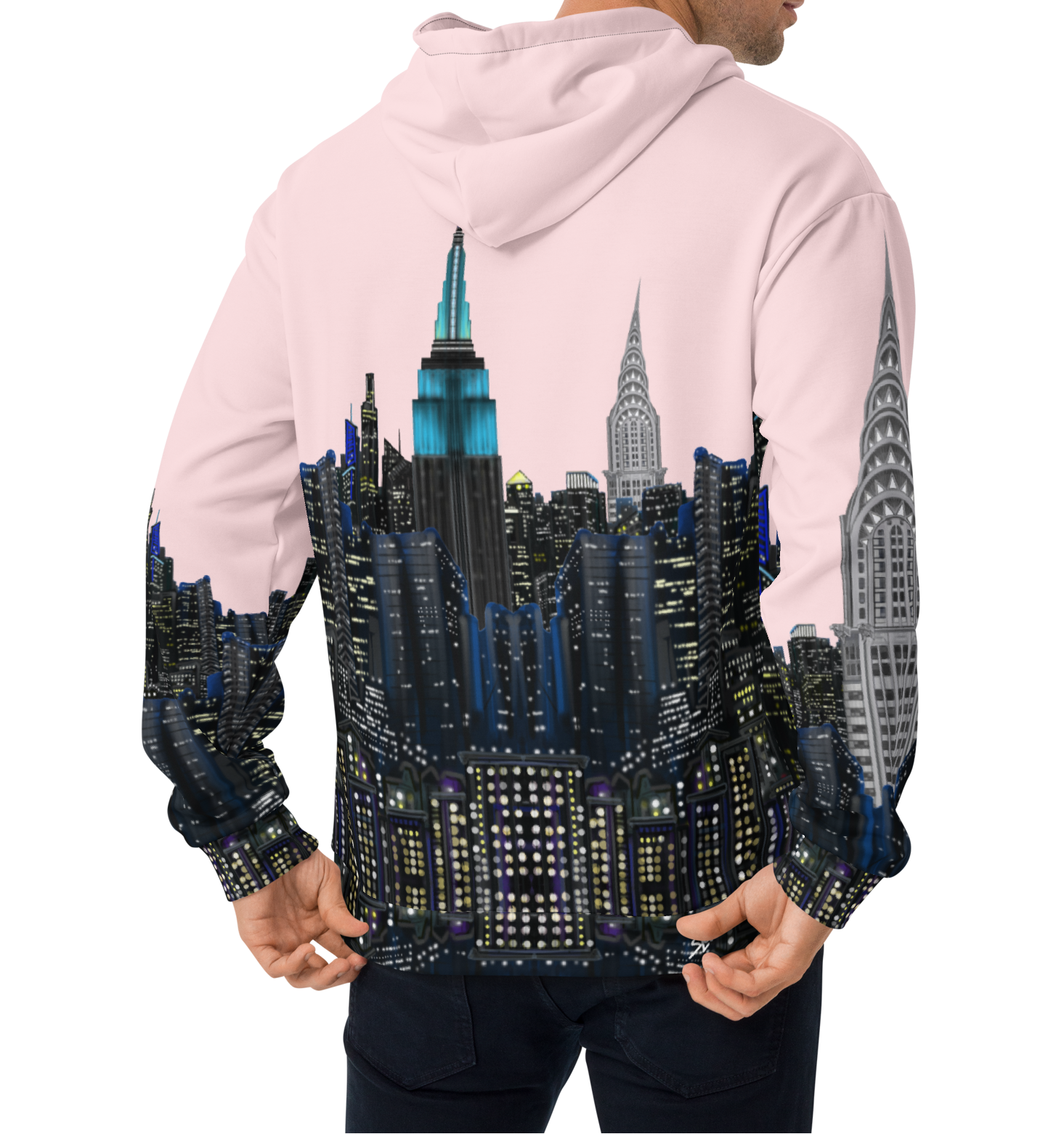 Person wearing a hoodie with a Loria NYC Art cityscape design on the back