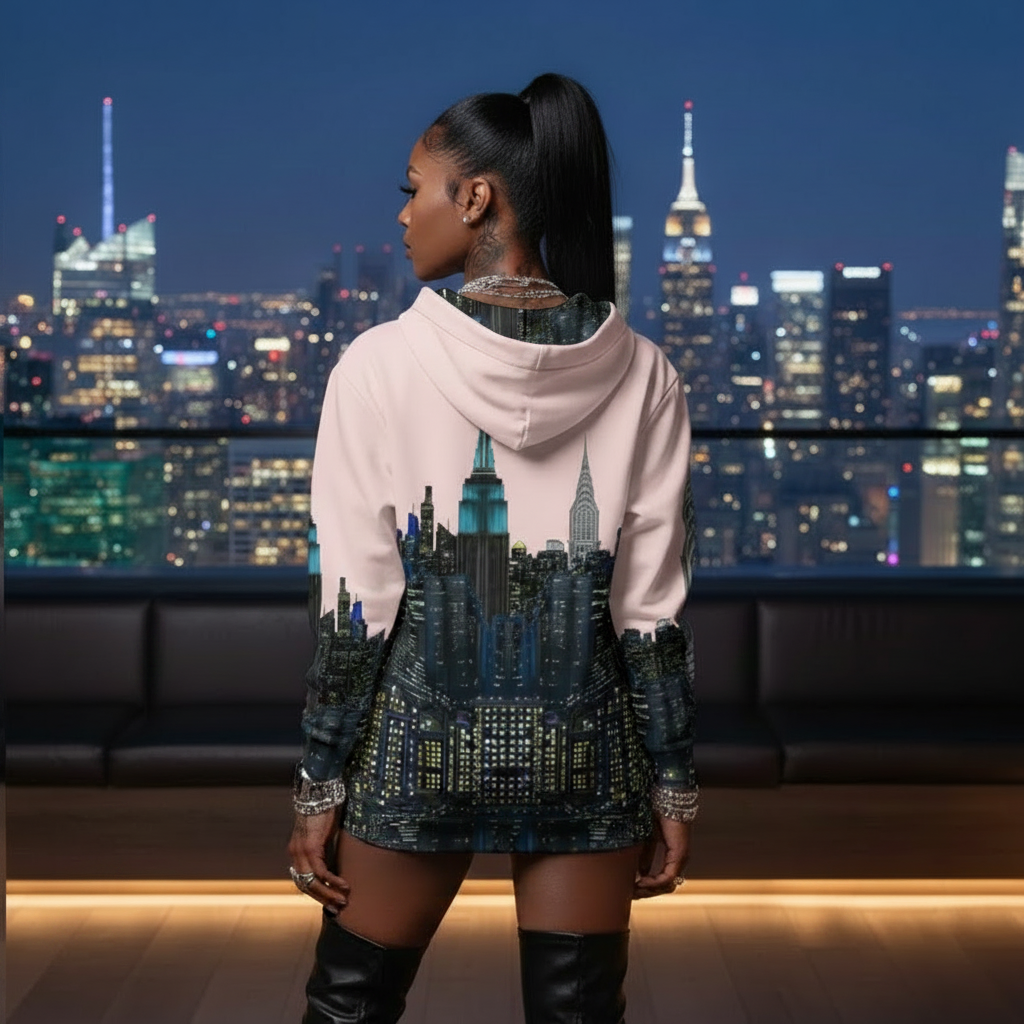 Woman wearing a cityscape Loria NYC Art hoodie with a night skyline in the background