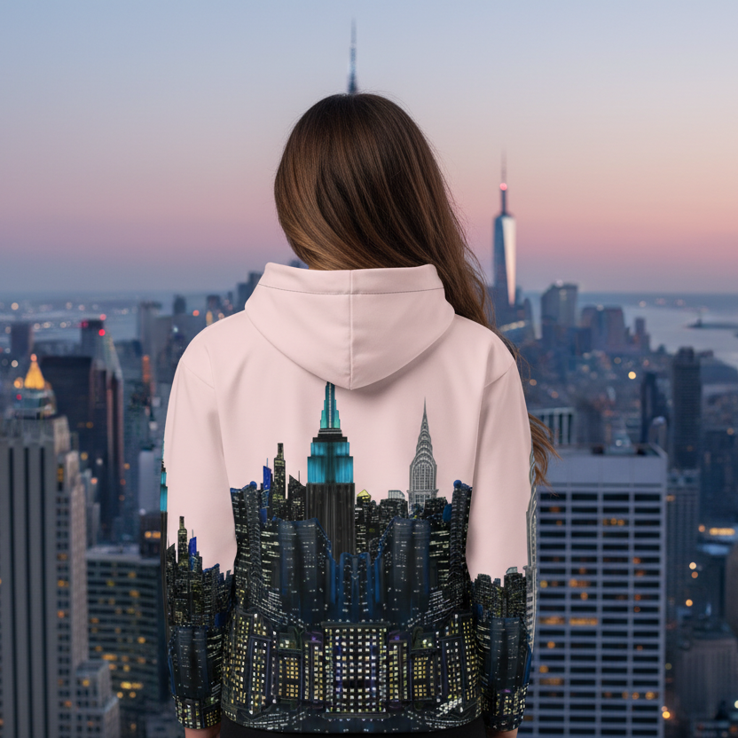 Person wearing a hoodie with a cityscape Loria NYC Art design, standing against a backdrop of a city skyline at dusk.