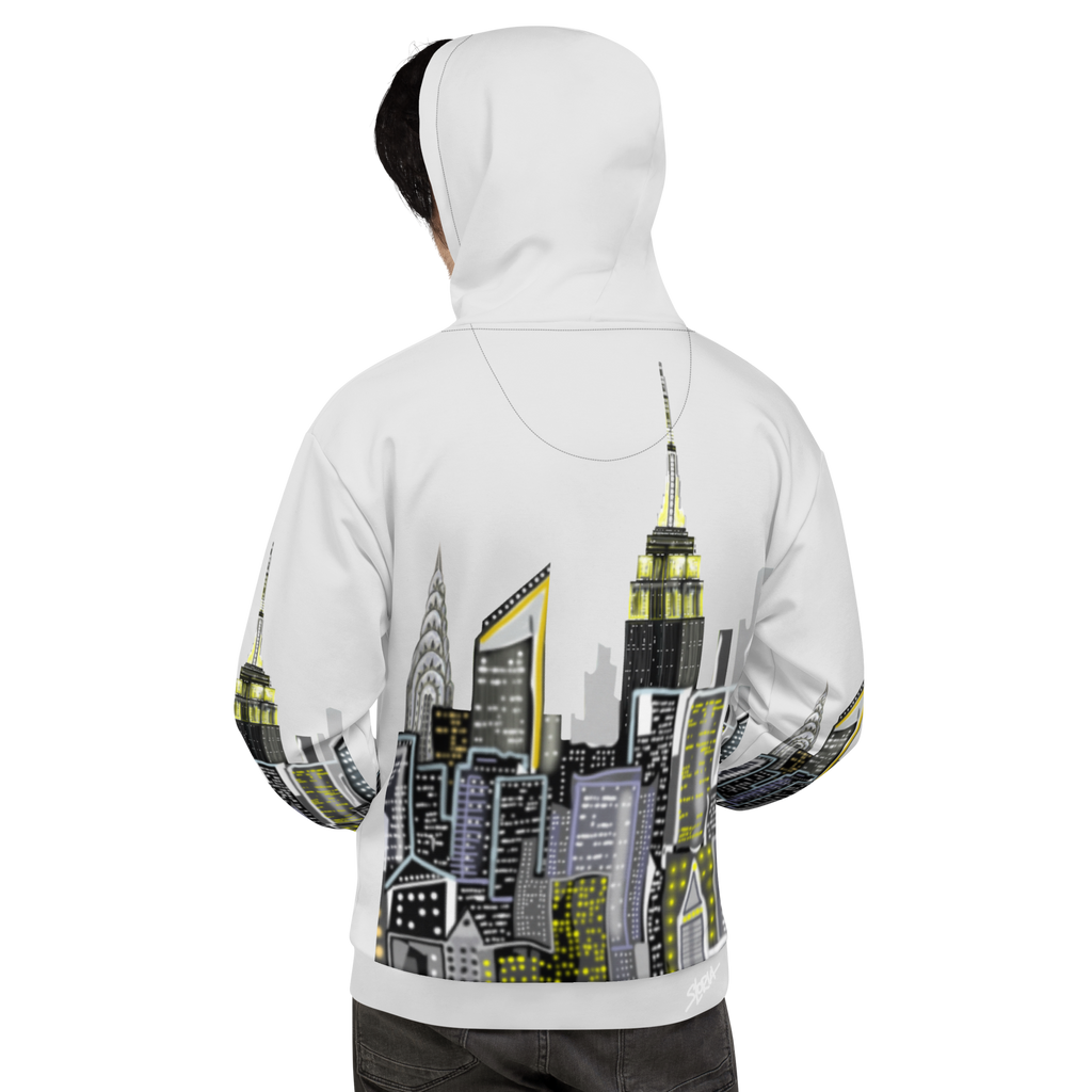 White hoodie with cityscape Loria NYC Art design on a white background