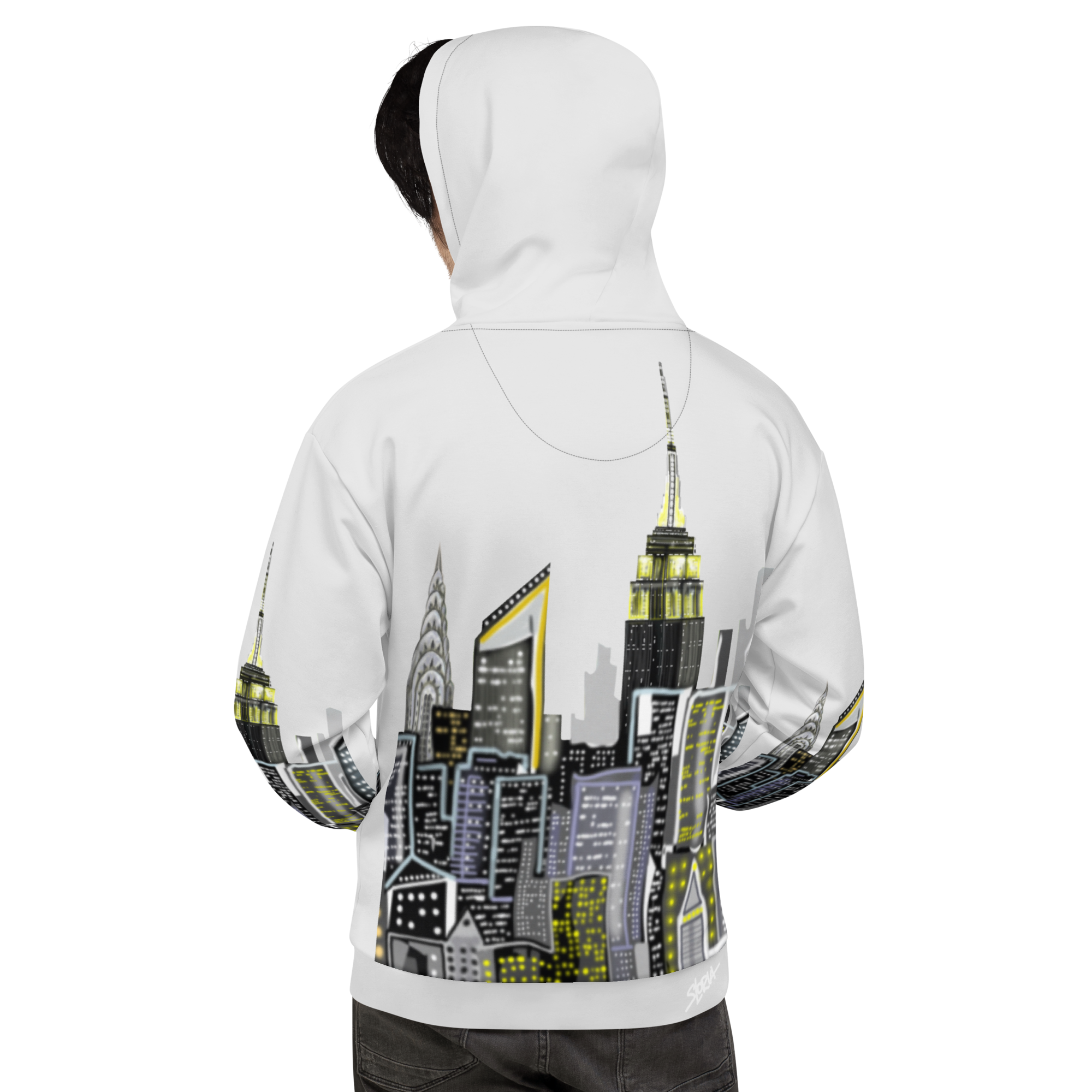 White hoodie with cityscape Loria NYC Art design on a white background