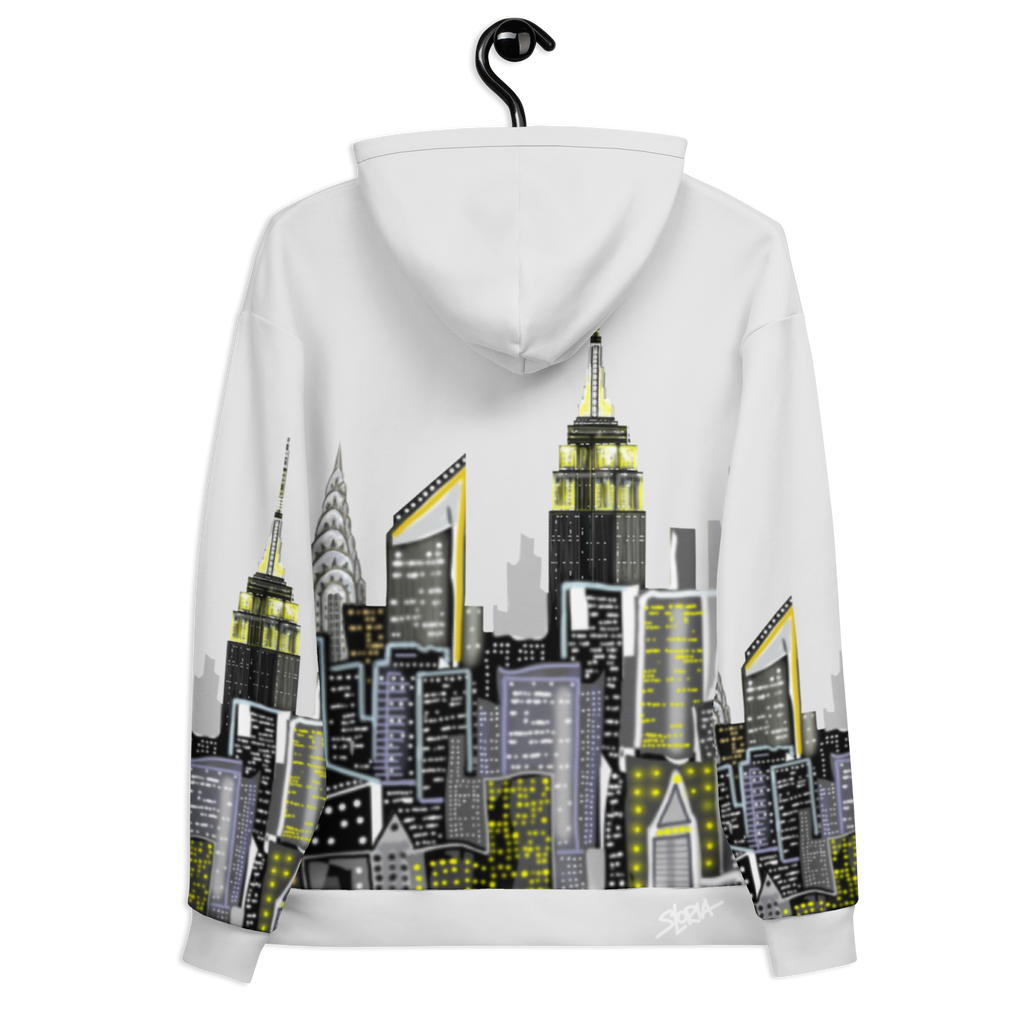 White hoodie with a cityscape Loria NYC Art design on a white background