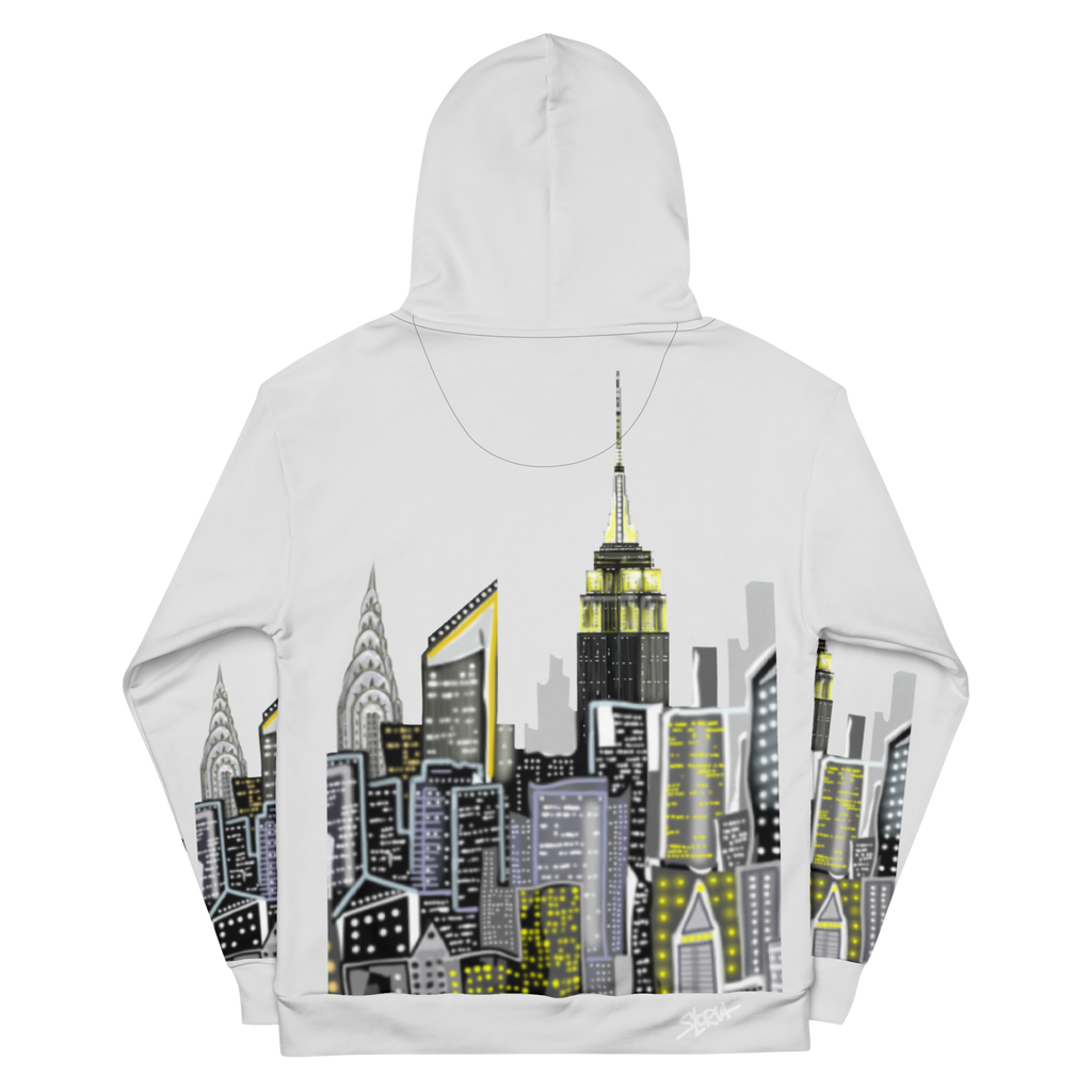 White hoodie with cityscape Loria NYC Art design on a white background