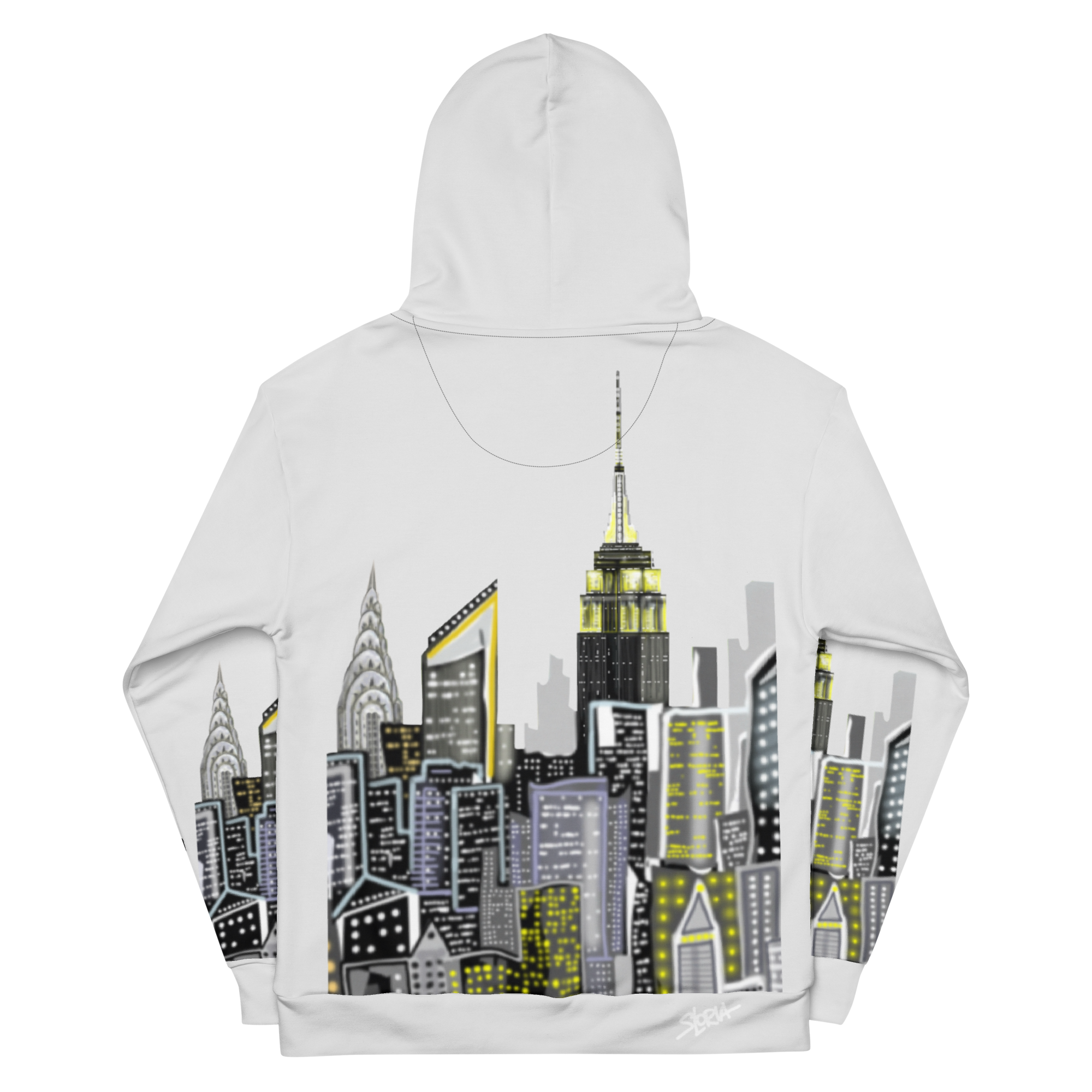 White hoodie with cityscape Loria NYC Art design on a white background
