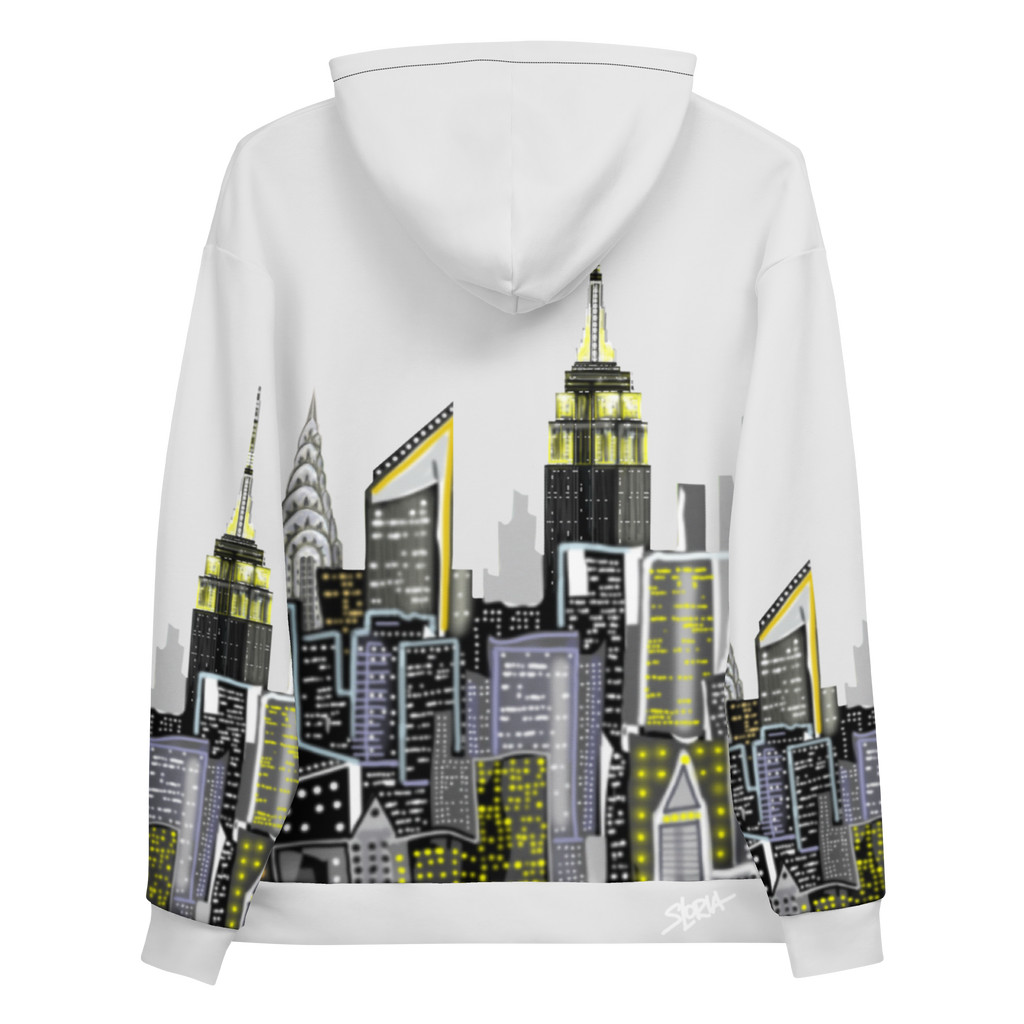 White hoodie with a cityscape Loria NYC Art design on the back against a white background
