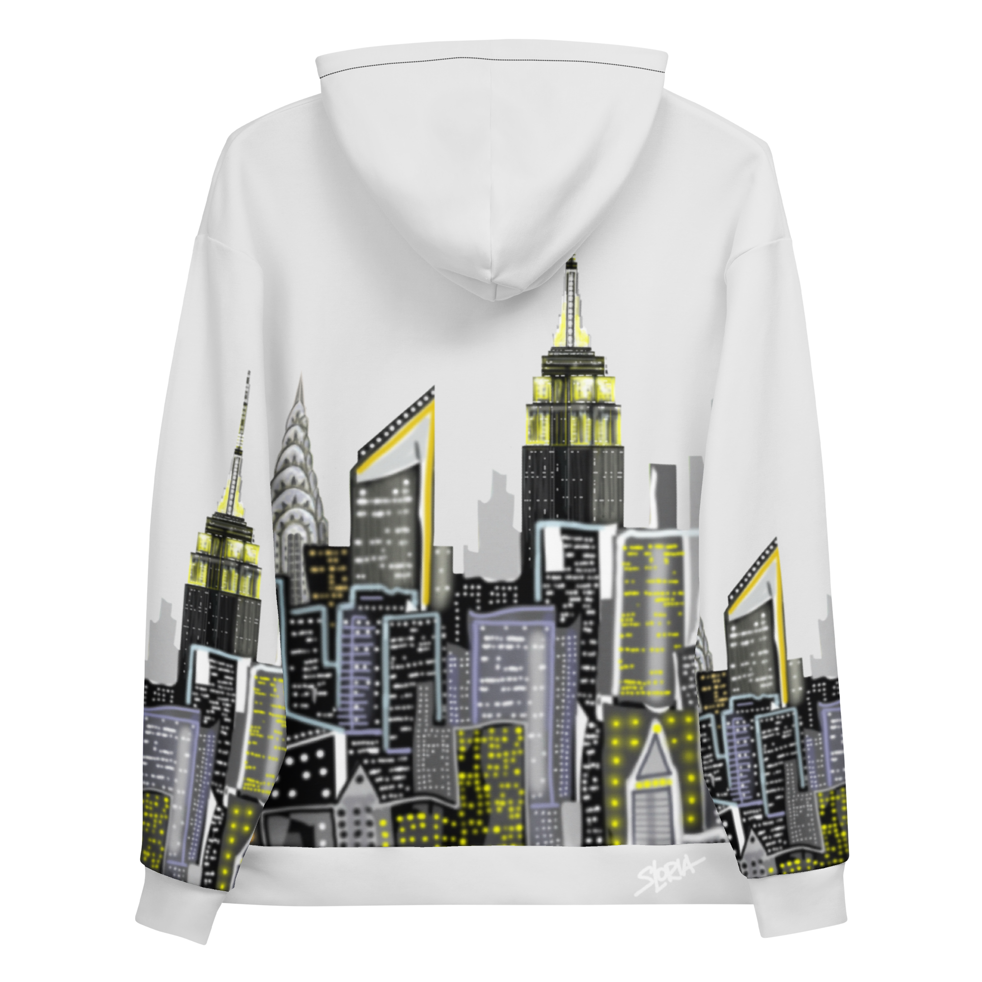 White hoodie with a cityscape Loria NYC Art design on the back against a white background