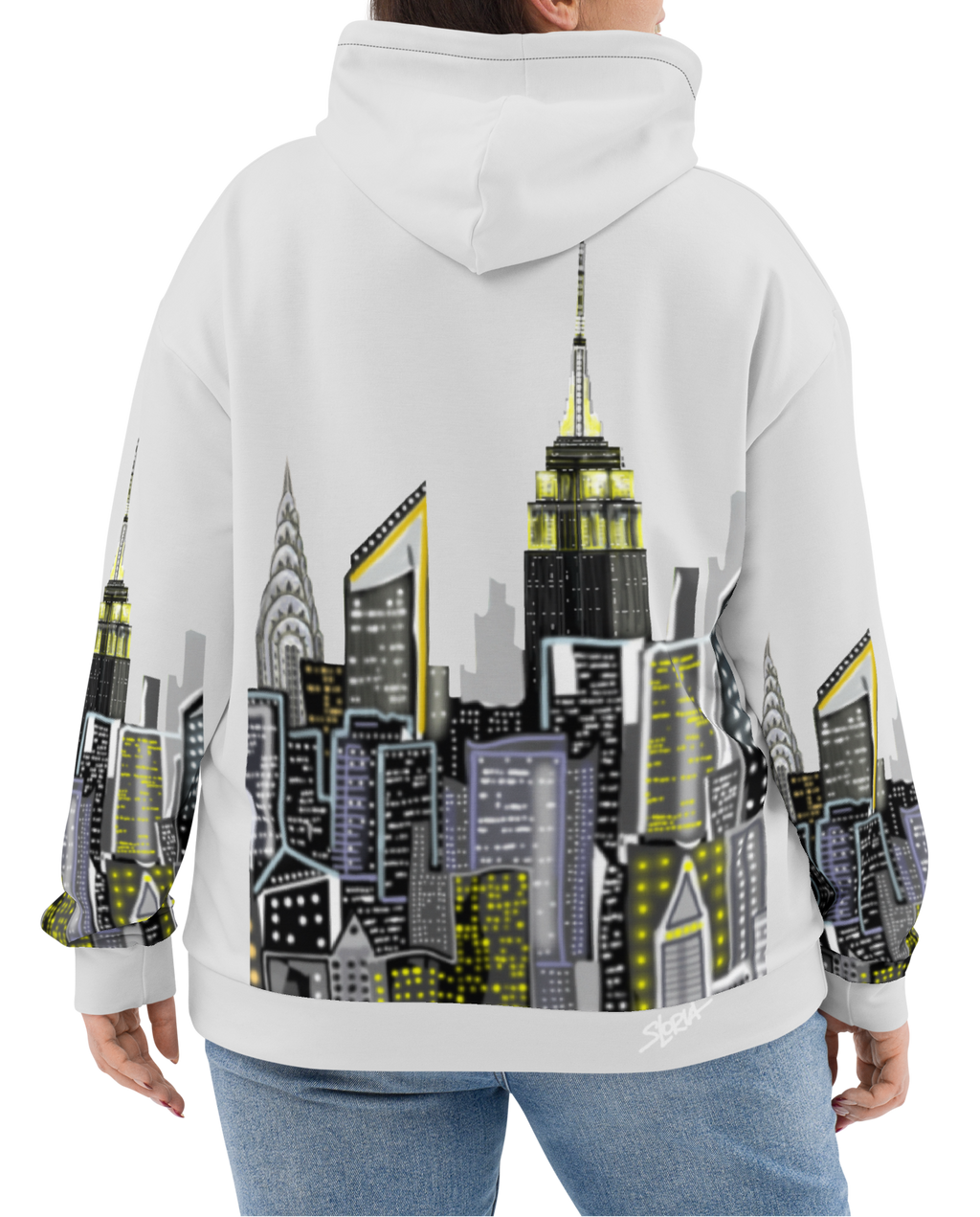 Person wearing a Loria NYC Art  hoodie with a cityscape design on the back