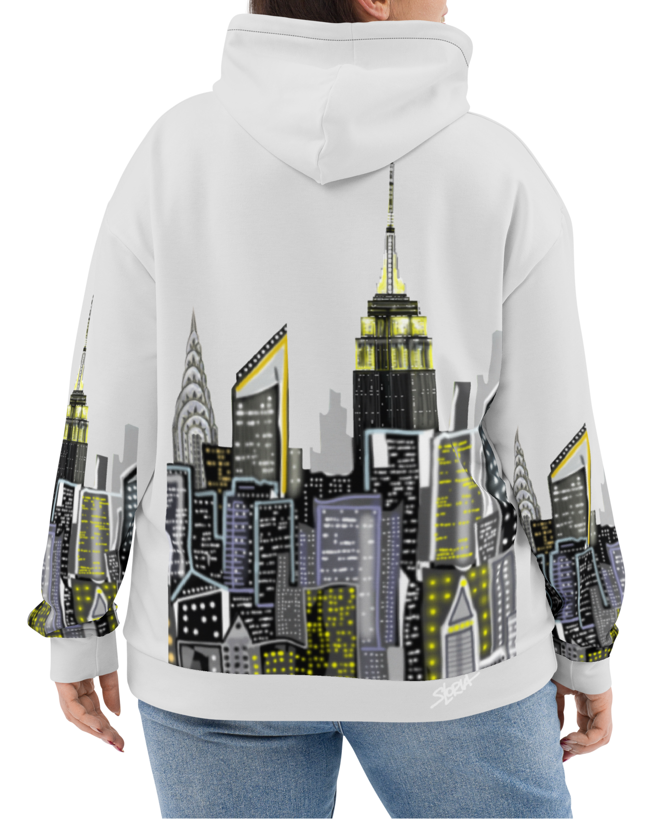 Person wearing a Loria NYC Art  hoodie with a cityscape design on the back