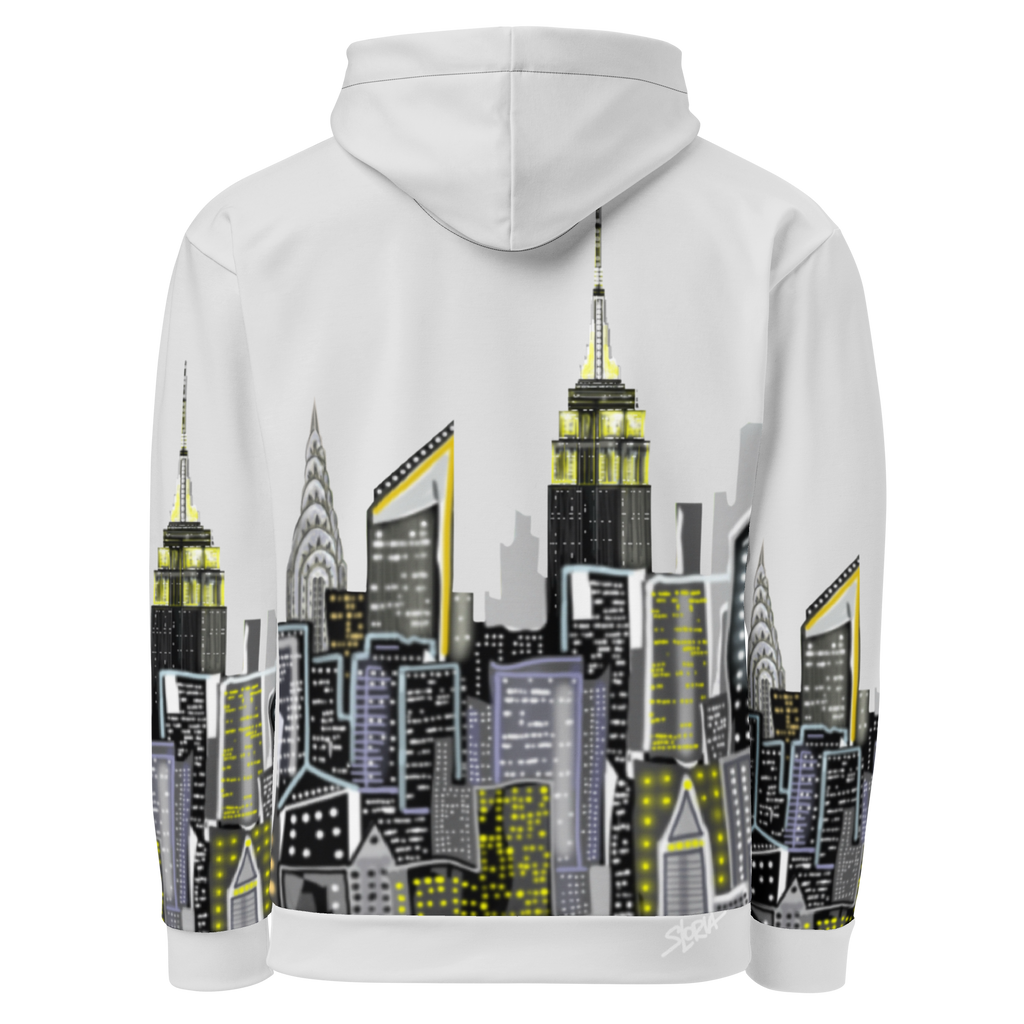 White hoodie with a cityscape Loria NYC Art design on the back against a white background