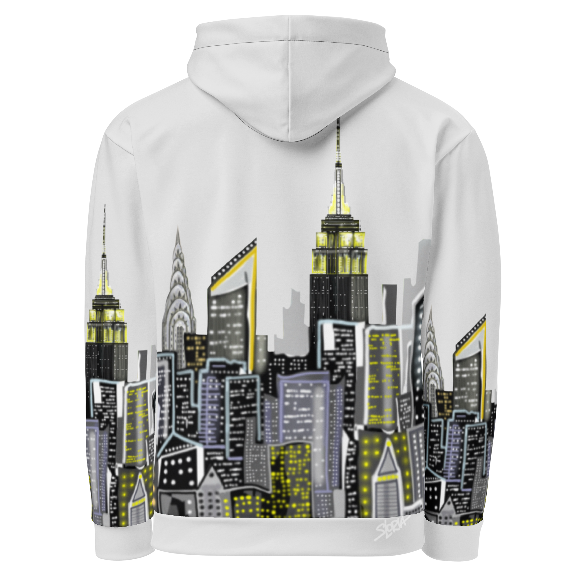 White hoodie with a cityscape Loria NYC Art design on the back against a white background