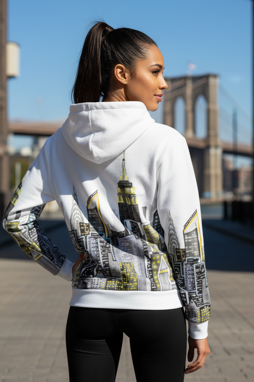 Person wearing a white Loria NYC Art hoodie in front of the Brooklyn bridge.