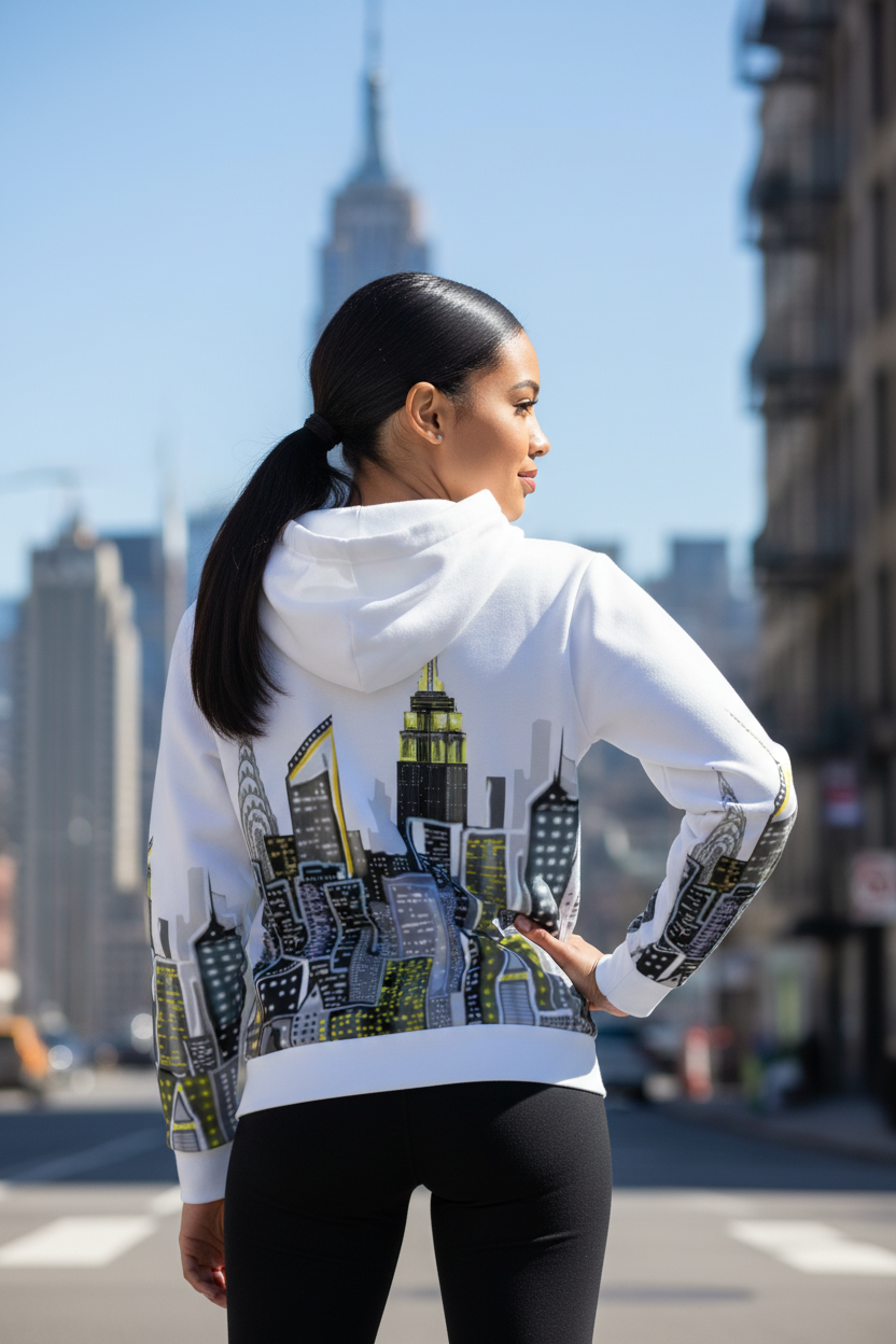 Person wearing a Loria NYC Art hoodie in front of the Empire State Building.