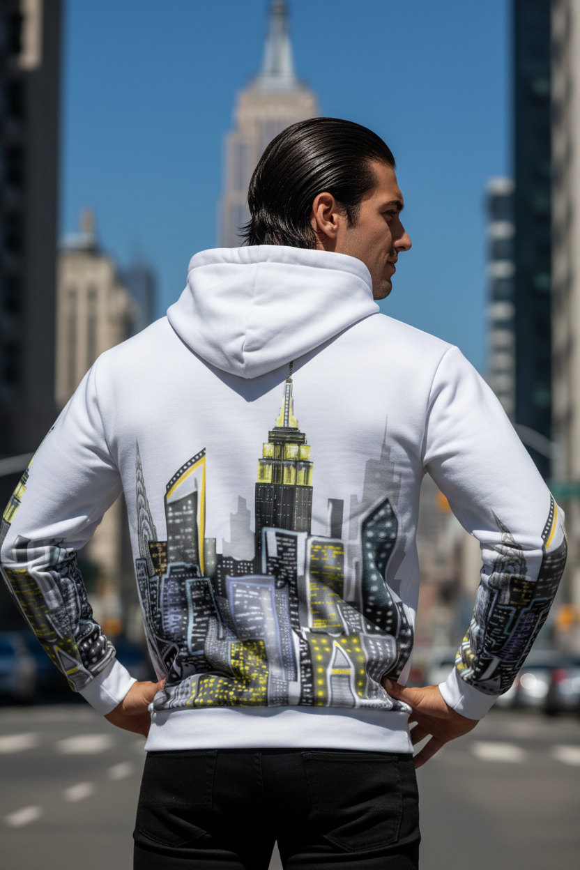 Man in urban setting wearing a Loria NYC Art hoodie in front of the Empire State Building.