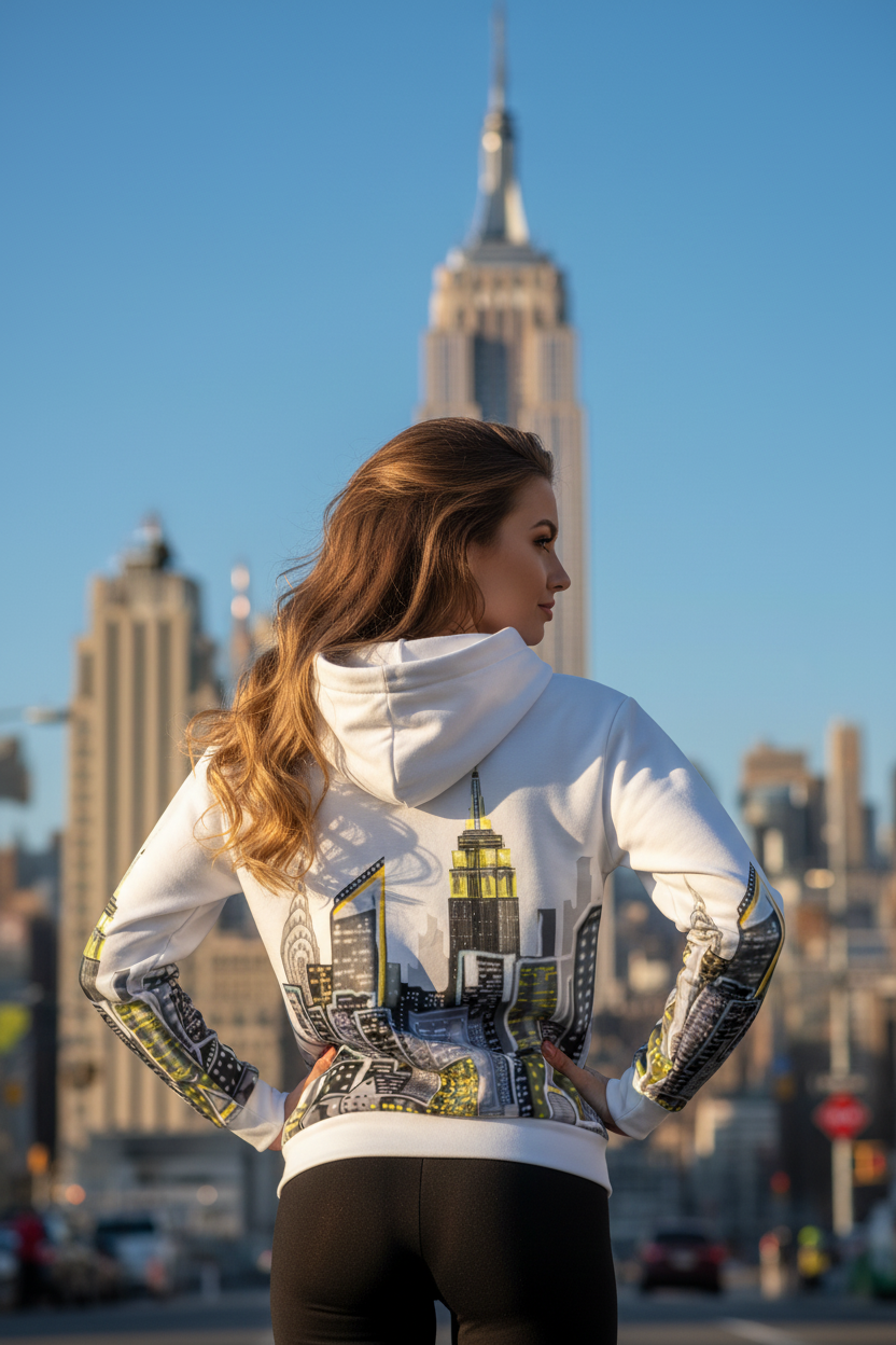 Women posing in a Loria NYC Art hoodie in front of the Empire State Building.