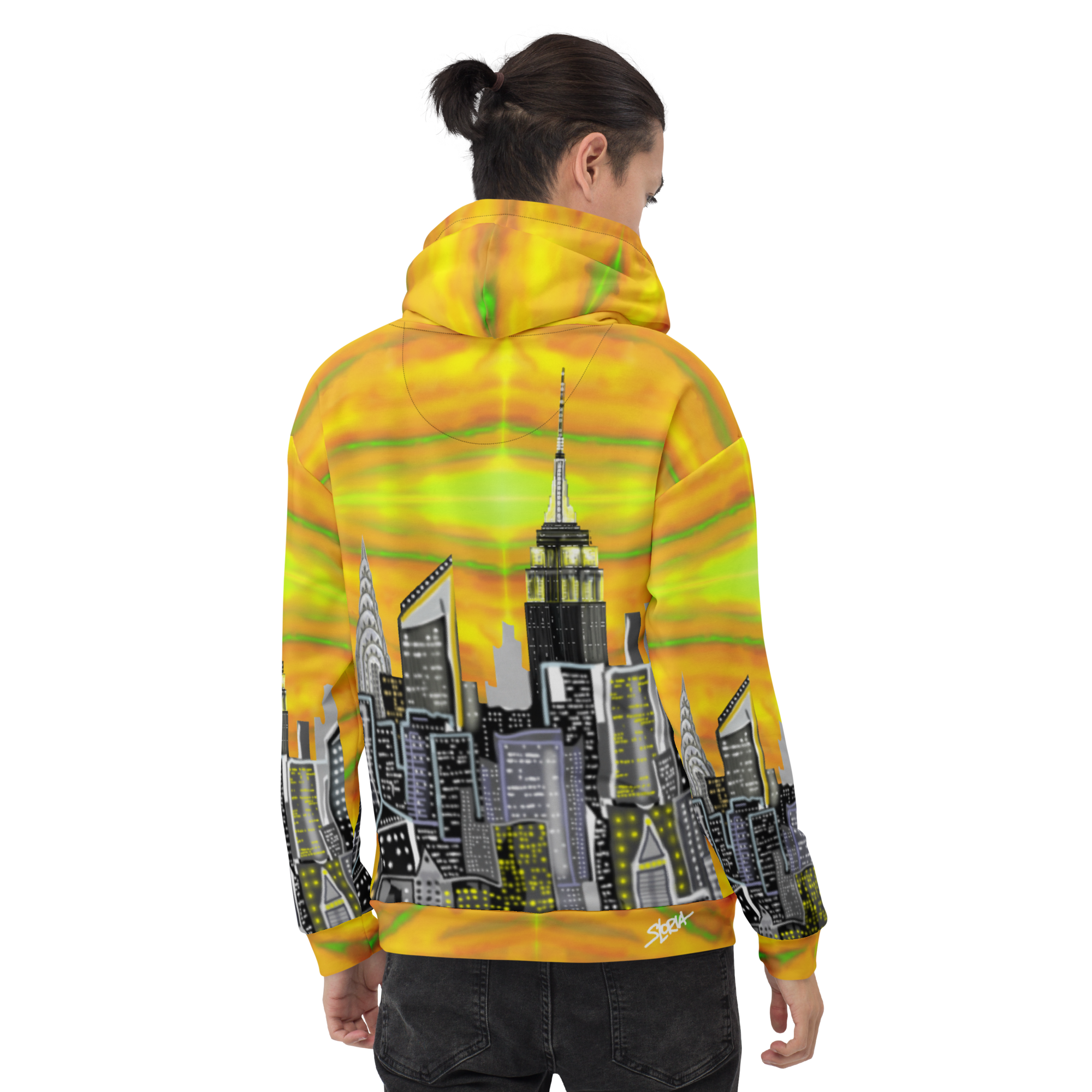 Person wearing a colorful Loria NYC Art hoodie with a cityscape design on the back, on a white background.