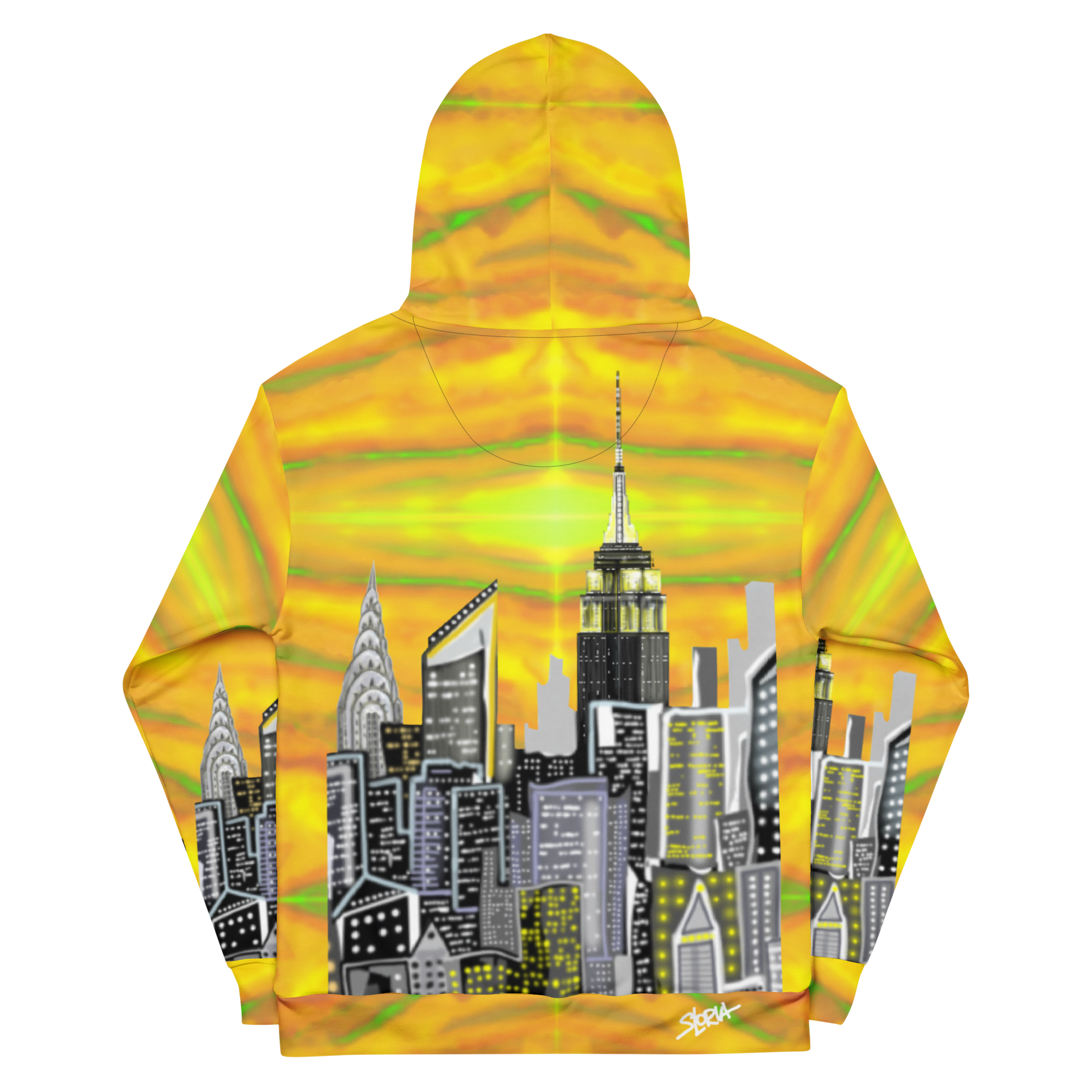 Hoodie with a cityscape Loria NYC Art design on a yellow and green abstract background