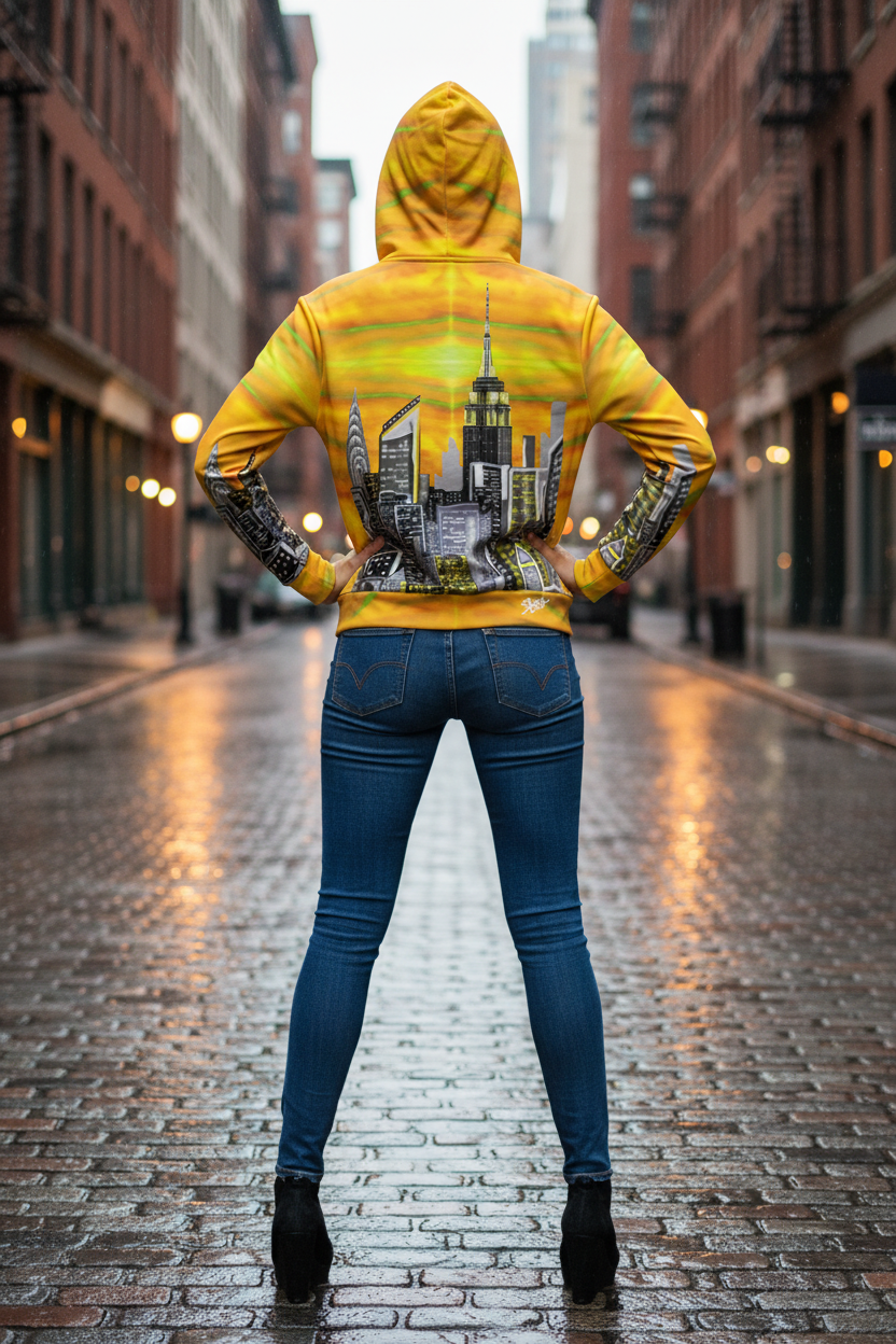 Person wearing a yellow hoodie with a cityscape Loria NYC Art design on a city street