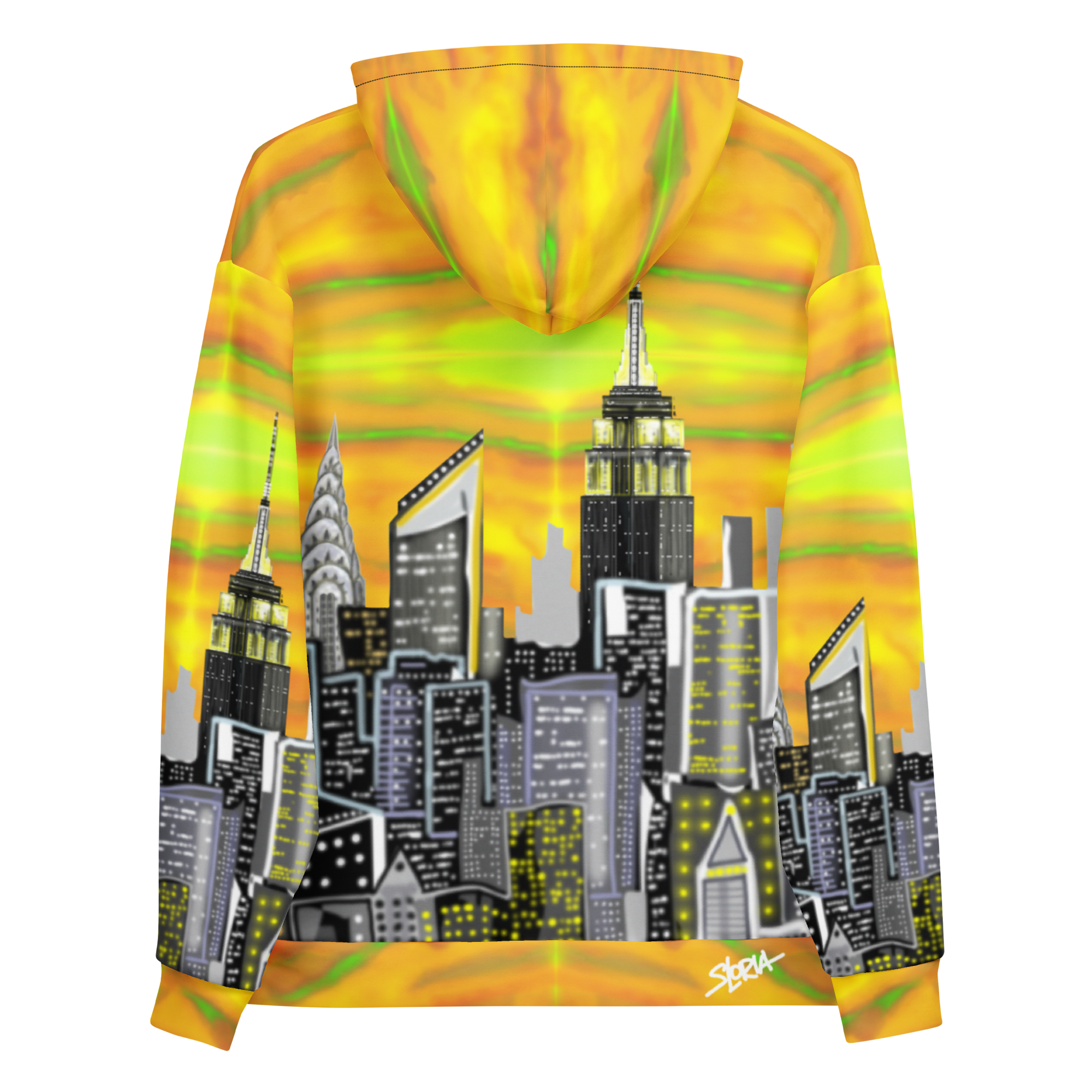 Hoodie with a cityscape Loria NYC Art design on a yellow and green background