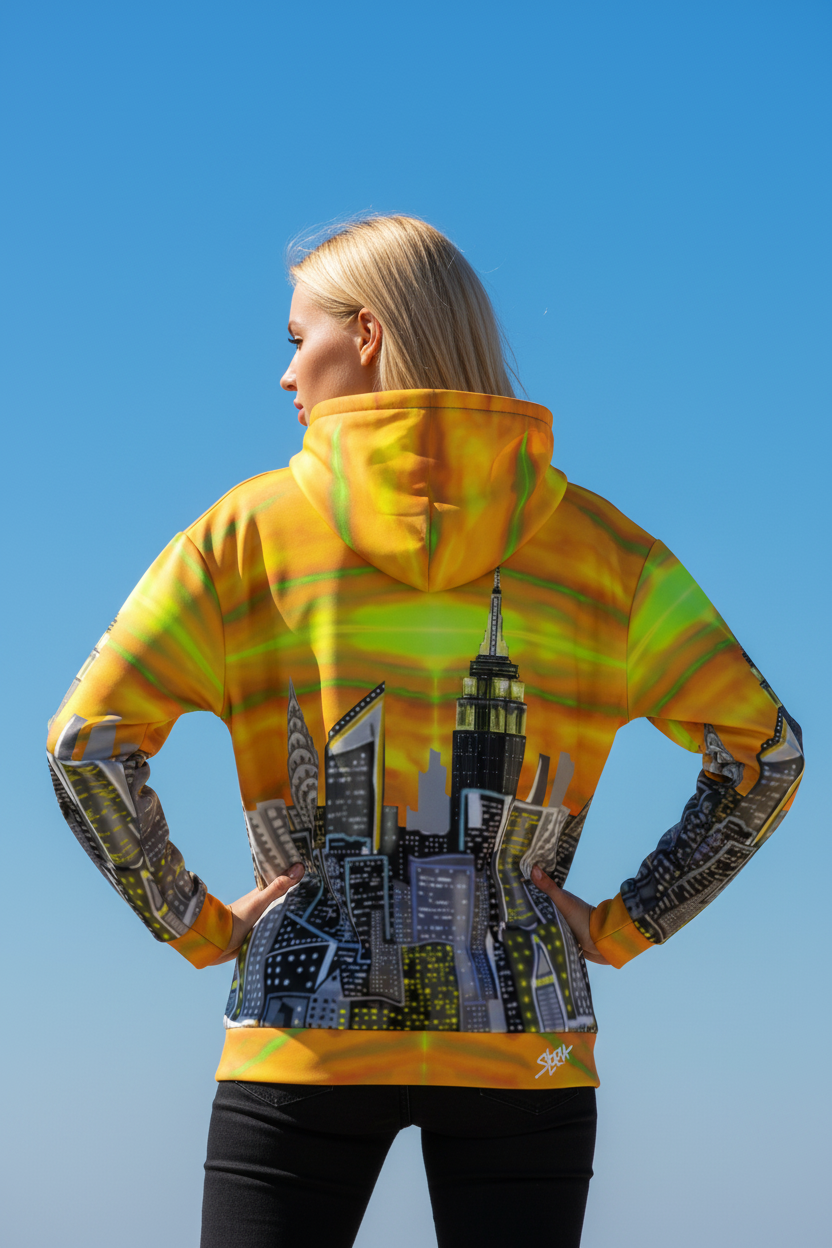 Person wearing a yellow tie-dye hoodie with a cityscape Loria NYC Art design against a clear blue sky.
