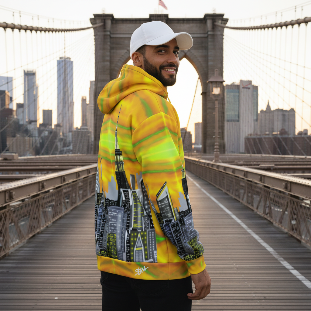 Person wearing a colorful hoodie with cityscape Loria NYC Art design on a bridge with a city skyline in the background