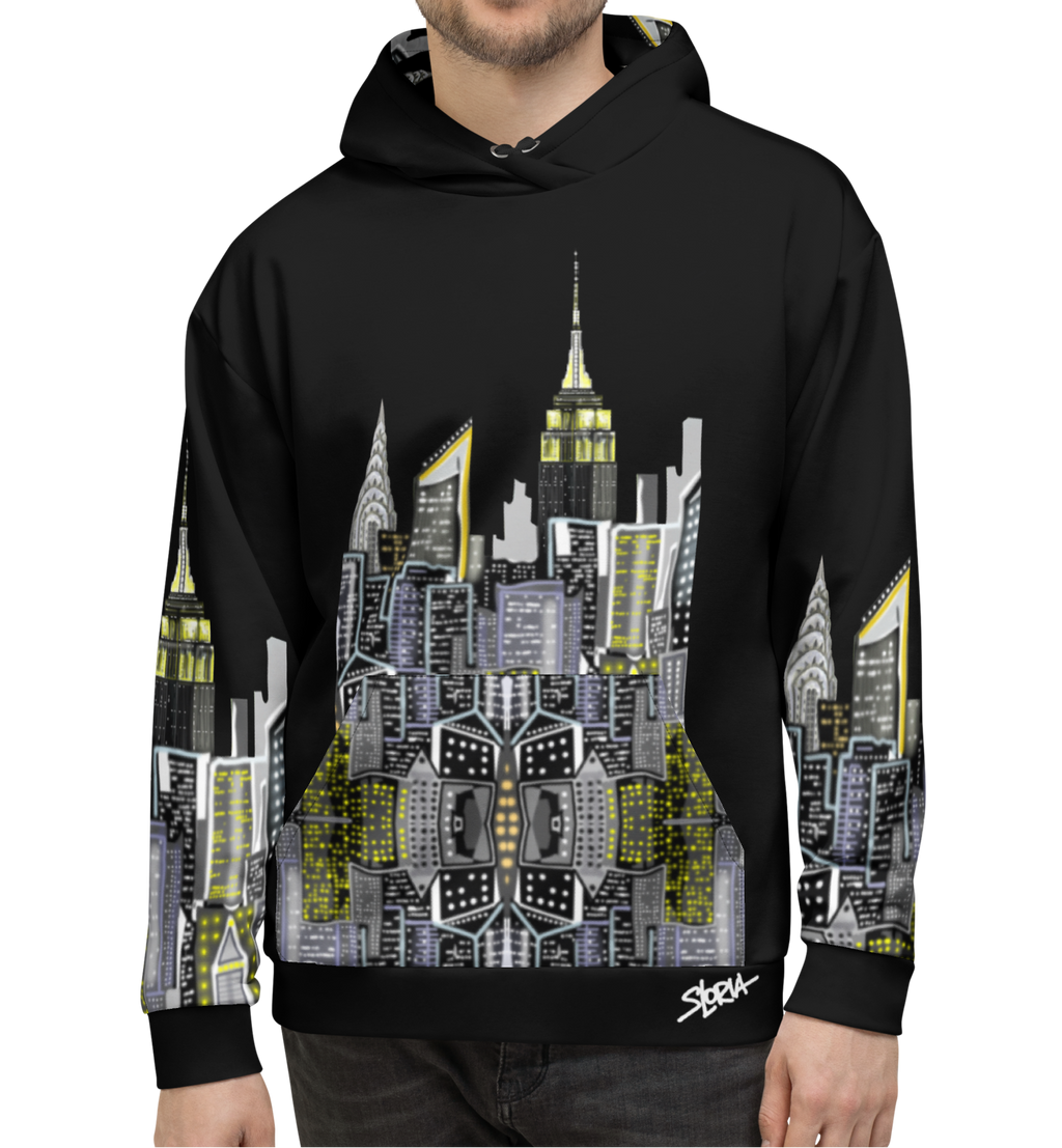 Person wearing a black hoodie with a cityscape Loria NYC Art design on a white background