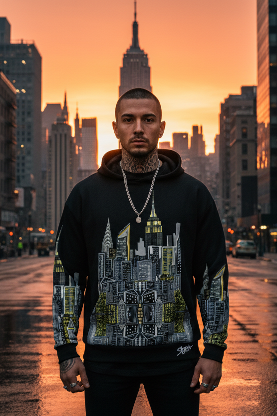 Person wearing a Loria NYC Art hoodie with a cityscape design in an urban setting at sunset.