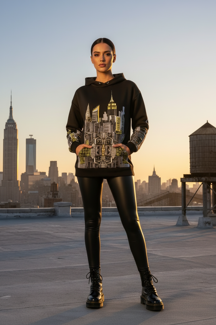 Person wearing a hoodie with a Loria NYC Art cityscape design on a rooftop with a city skyline in the background.