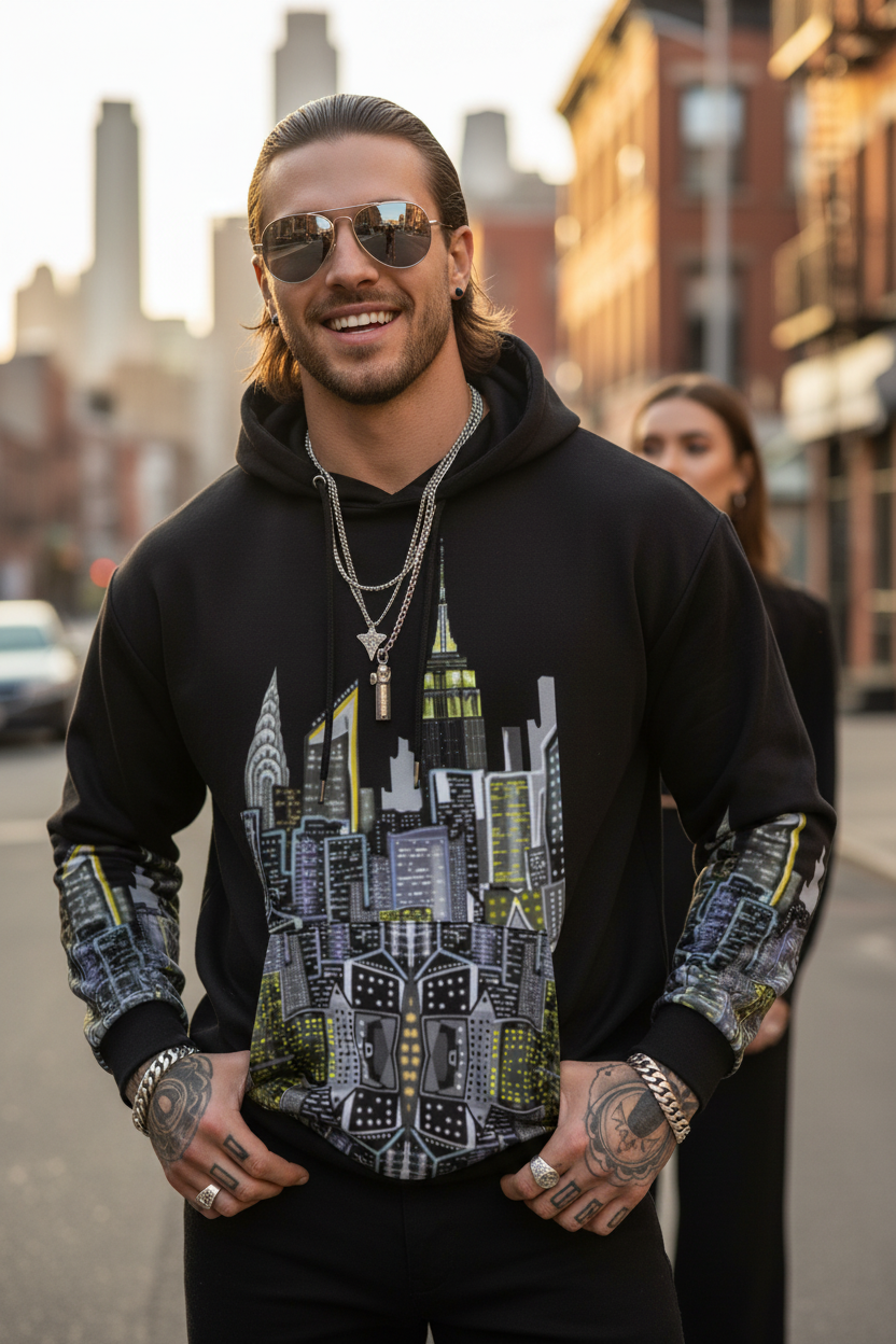 Man wearing a black hoodie with cityscape Loria NYC Art design on a street