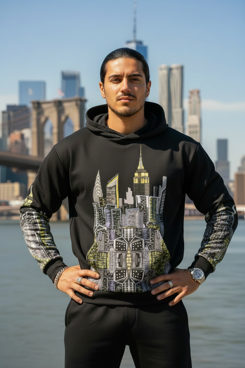 Person wearing a black hoodie with a cityscape Loria NYC Art design, standing in front of a city skyline.