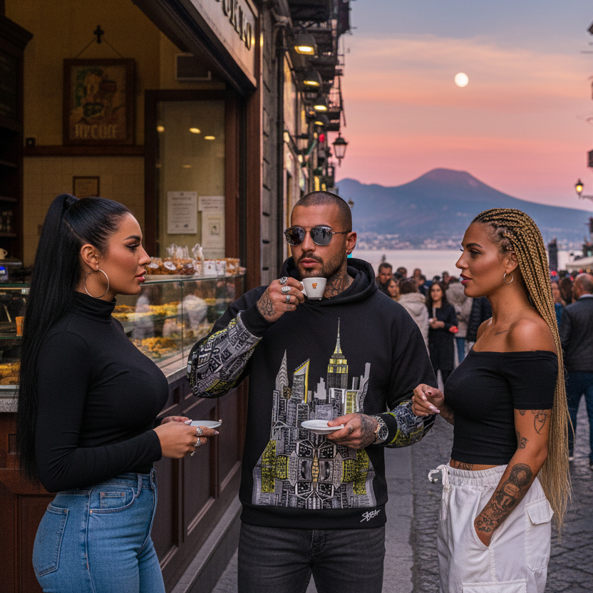 Three people standing on a street corner in an urban setting with one wearing a Loria NYC Art hoodie at sunset.
