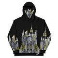 Black hoodie with cityscape Loria NYC Art design inside hood on a white background