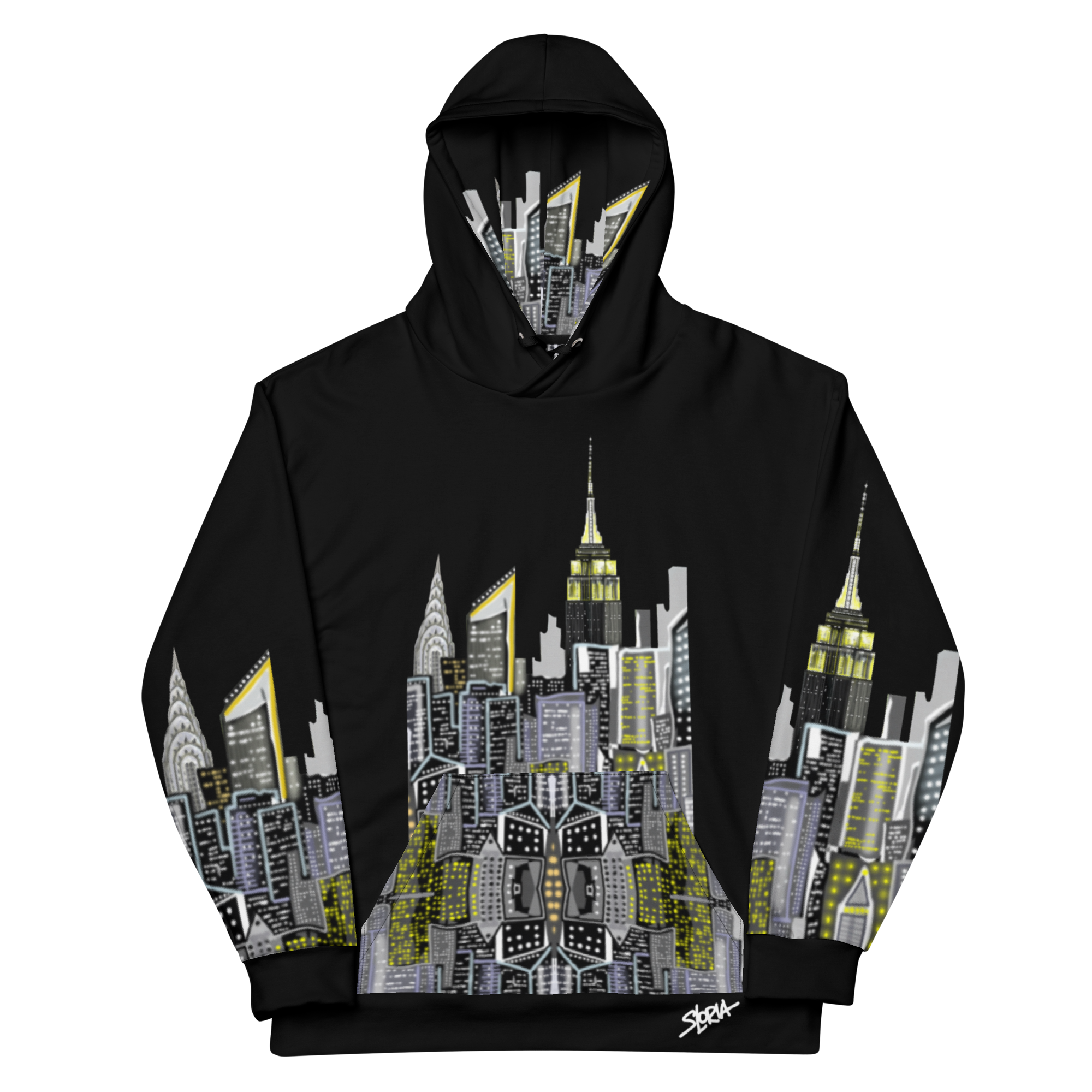 Black hoodie with cityscape Loria NYC Art design inside hood on a white background