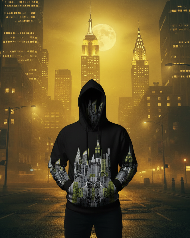 Person wearing a hoodie with a Loria NYC Art cityscape design in front of a city skyline at night.
