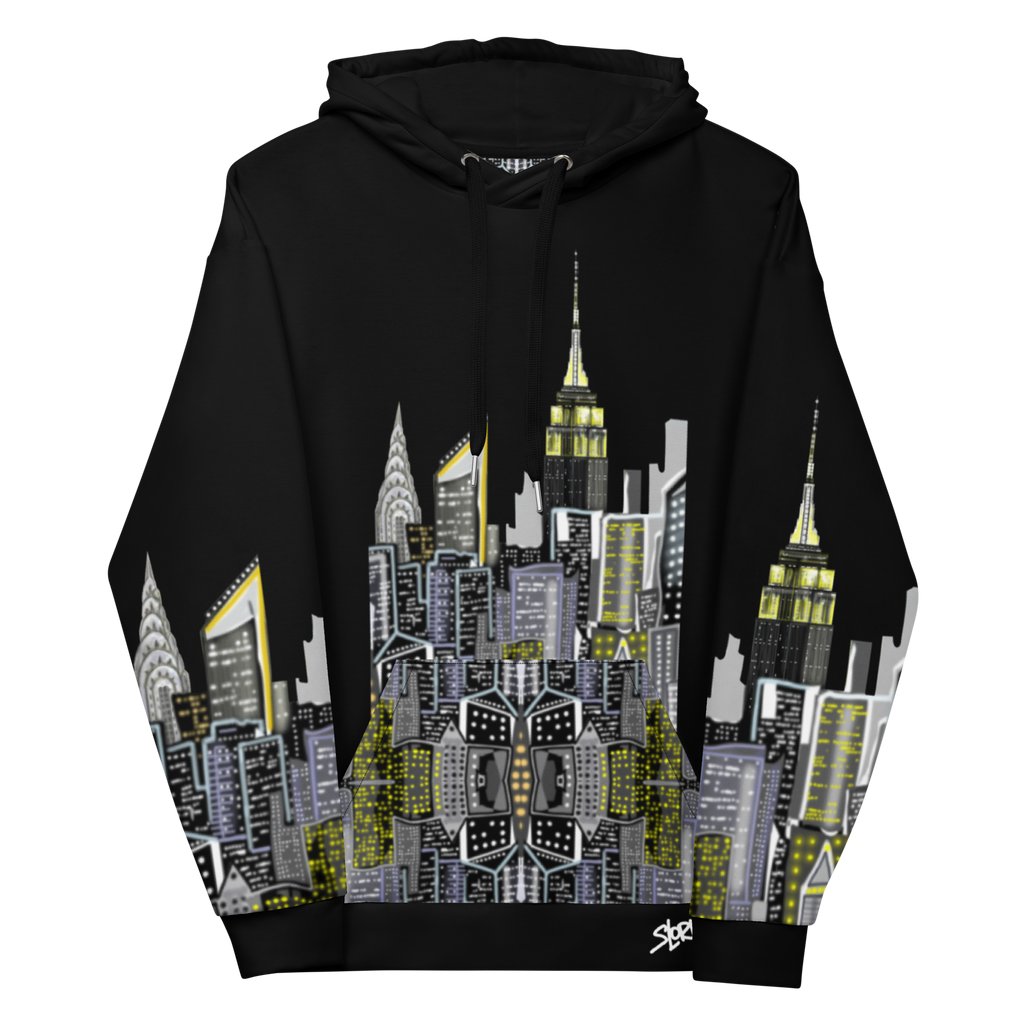 Font of Black hoodie with Loria NYC Art cityscape design with folded sleeves on a white background