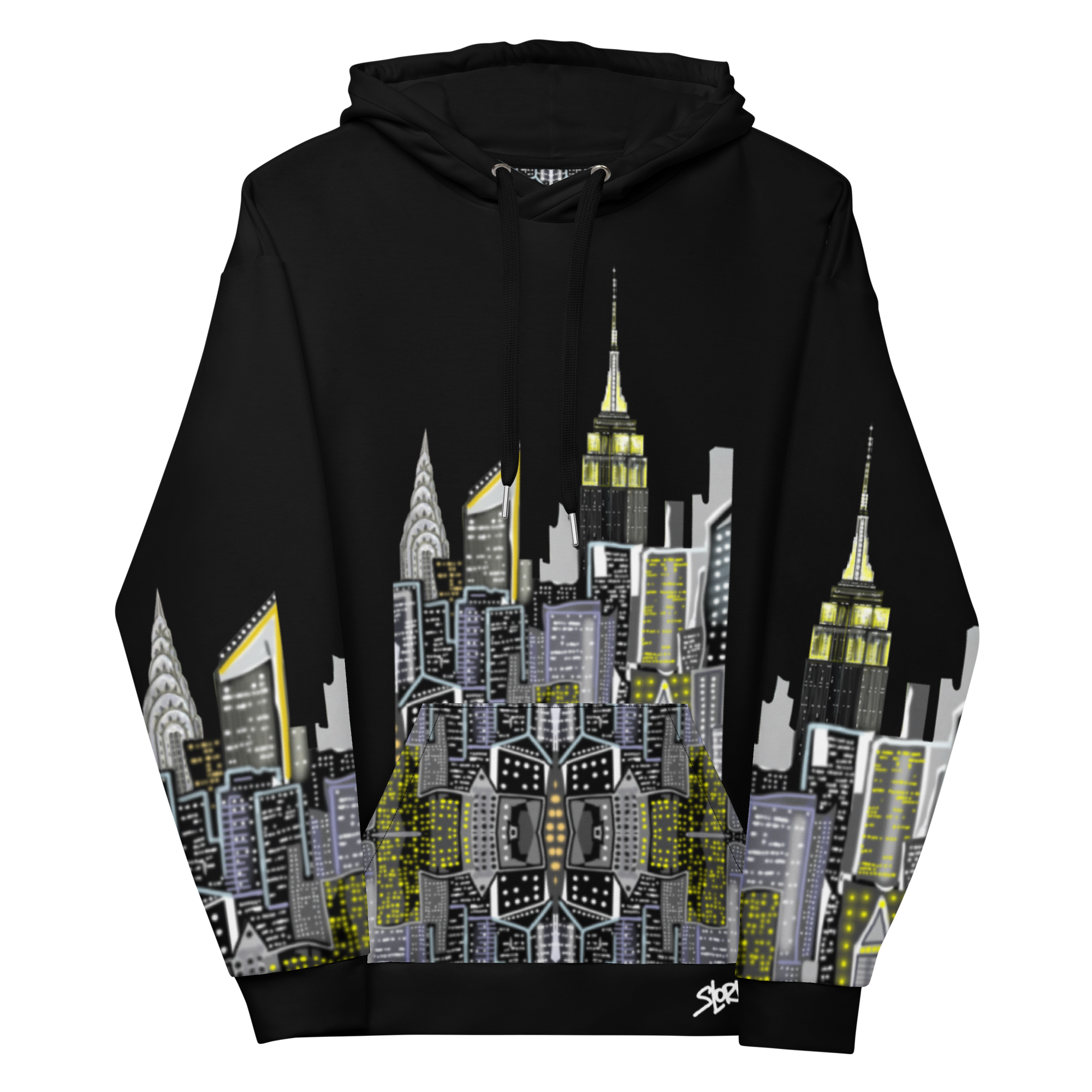 Font of Black hoodie with Loria NYC Art cityscape design with folded sleeves on a white background