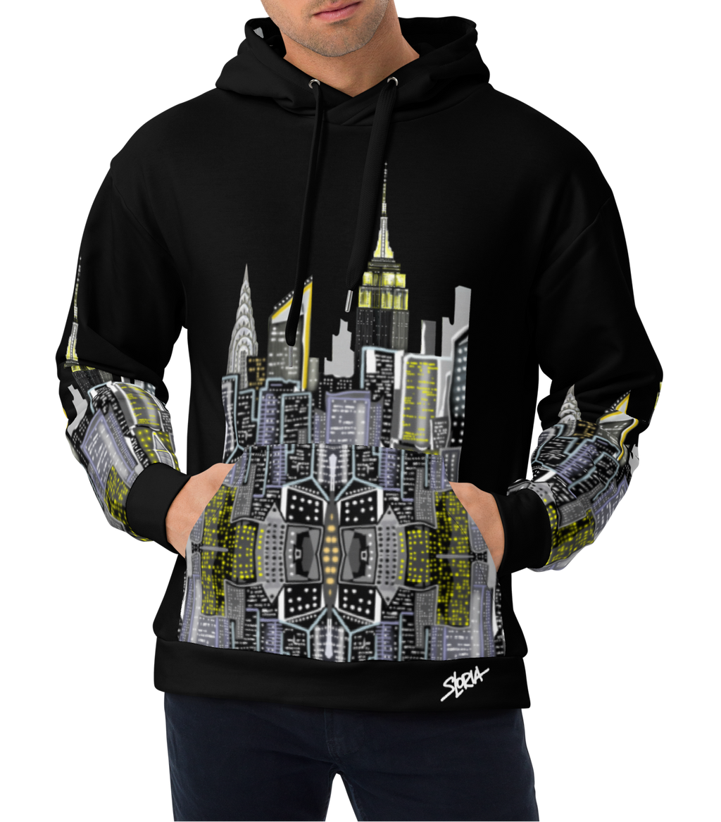 Man wearing a black Loria NYC Art hoodie with cityscape design on a white background