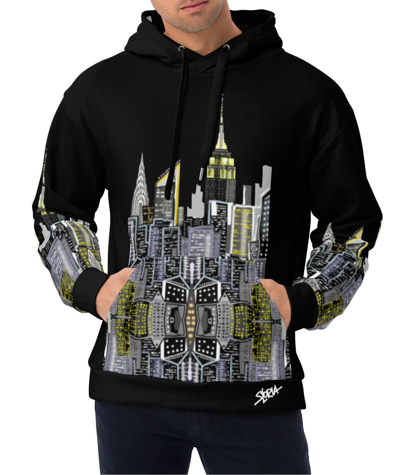 Man wearing a black Loria NYC Art hoodie with cityscape design on a white background