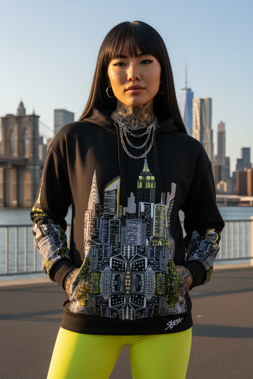 Person wearing a black hoodie with cityscape Loria NYC Art design and bright yellow pants, standing in front of a city skyline.
