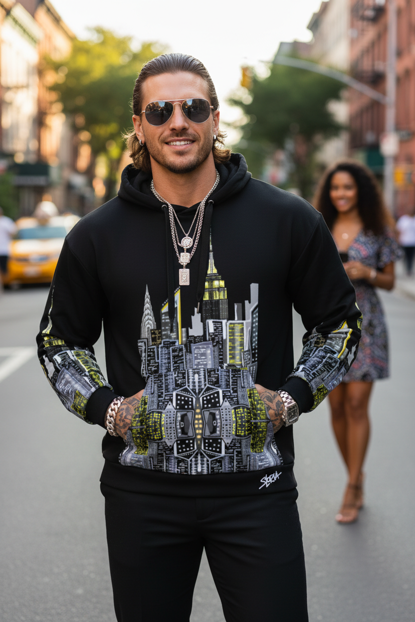 Man wearing a black hoodie with cityscape Loria NYC Art design on a street