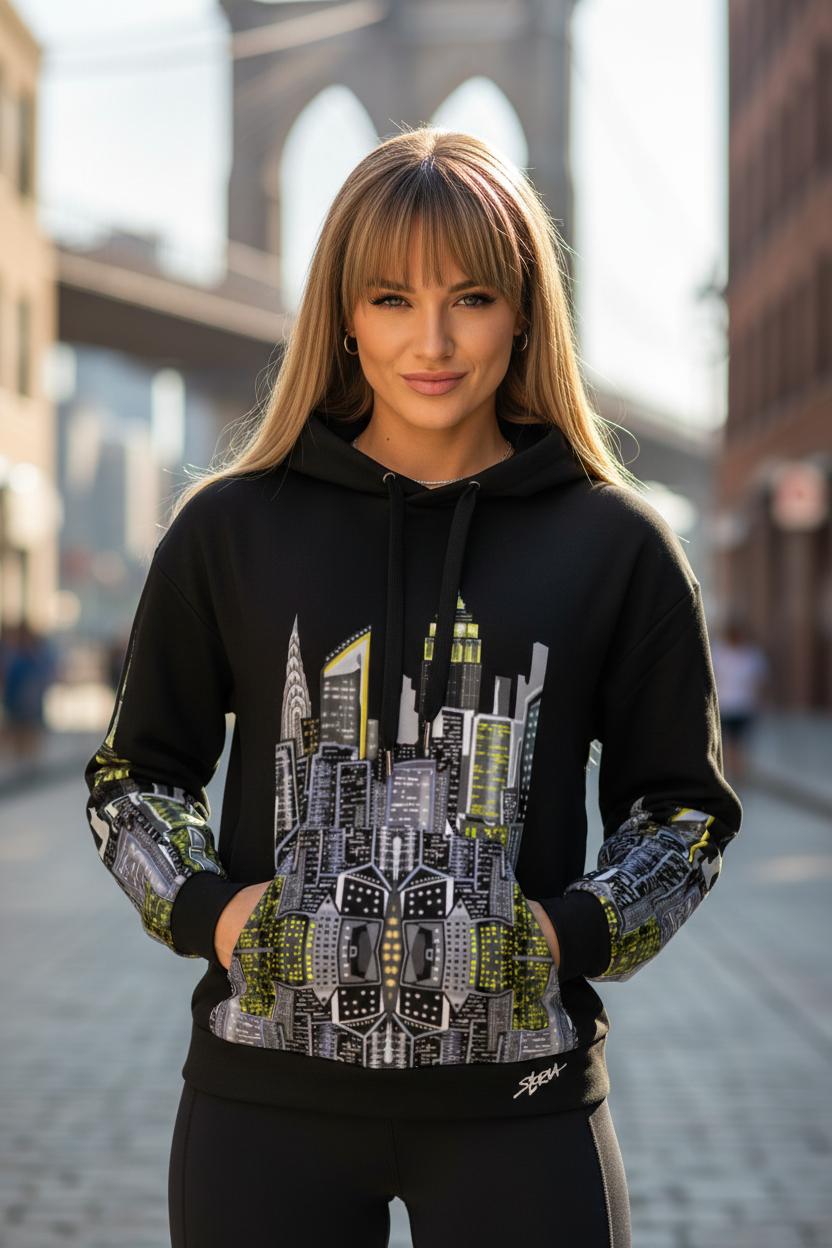 Woman wearing a black Loria NYC Art hoodie with a cityscape design, standing in an urban setting.