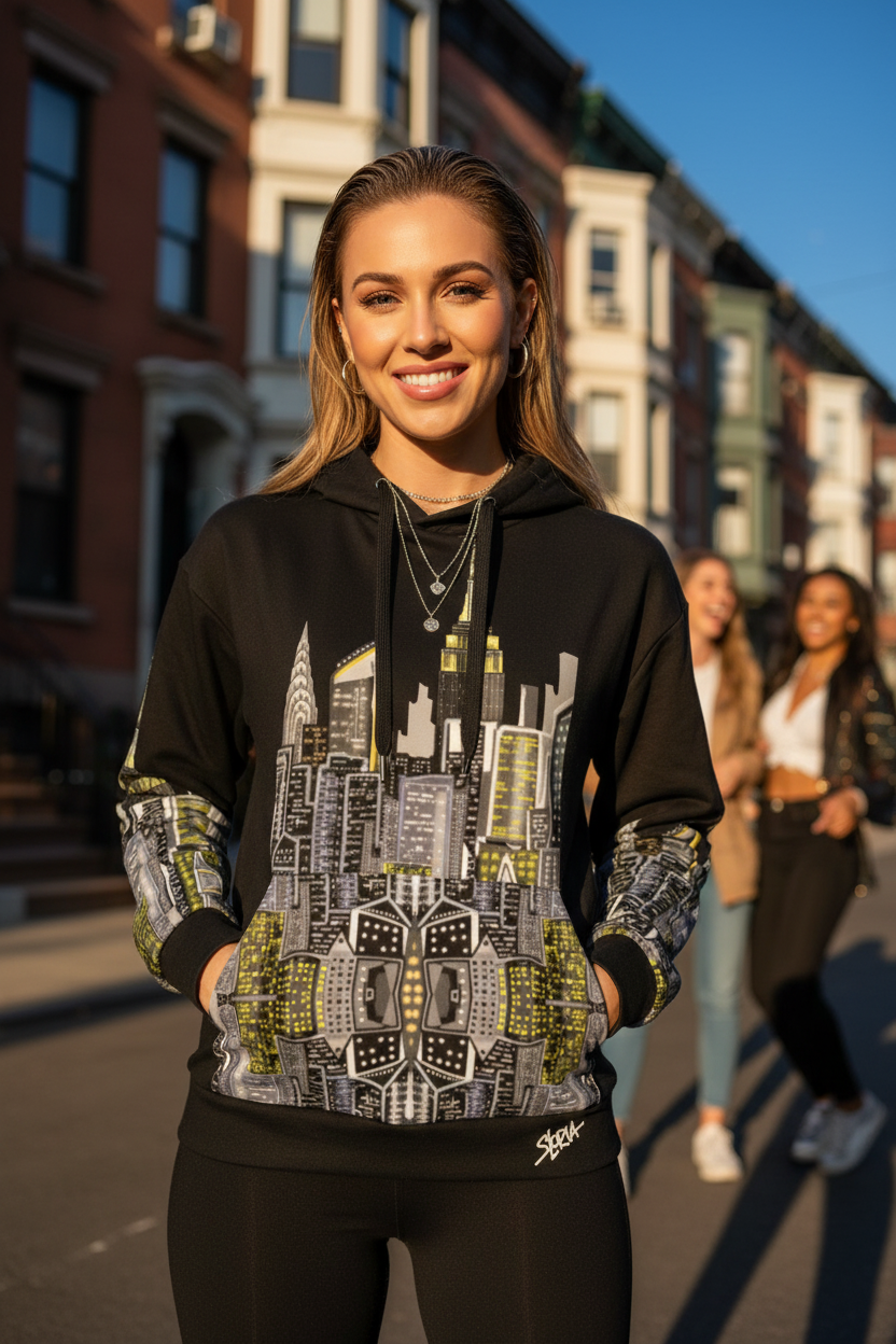 Woman wearing a black hoodie with cityscape Loria NYC Art design on a street