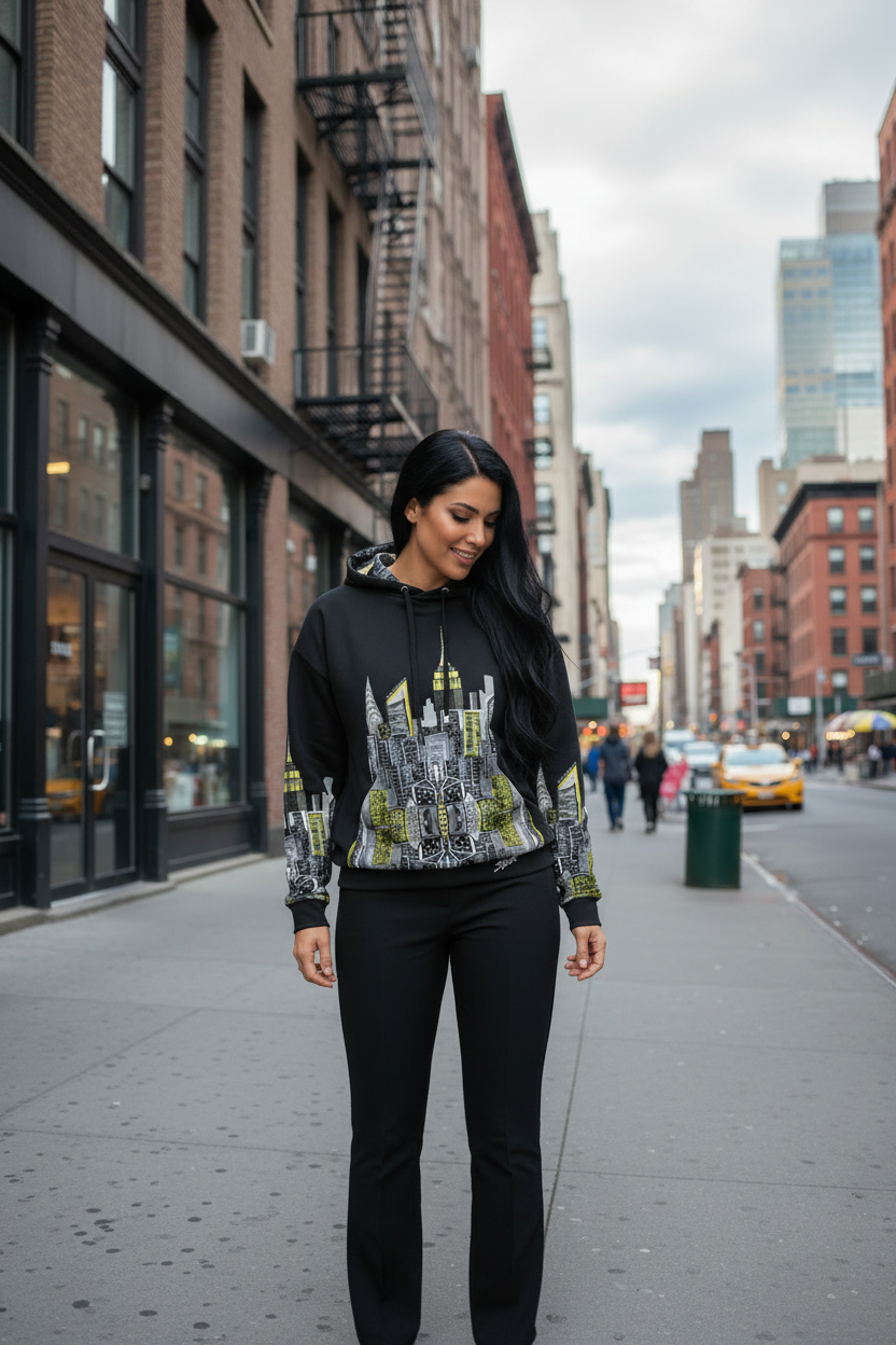 Woman wearing a black hoodie with cityscape Loria NYC Art design on a white background