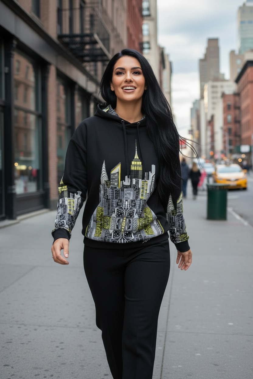 Woman wearing a hoodie with a Loria NYC Art cityscape design on a city street